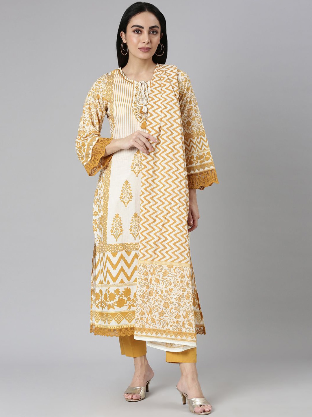 

Neerus Striped Beads & Stones Jute Cotton Straight Kurta with Trousers & Dupatta, Mustard