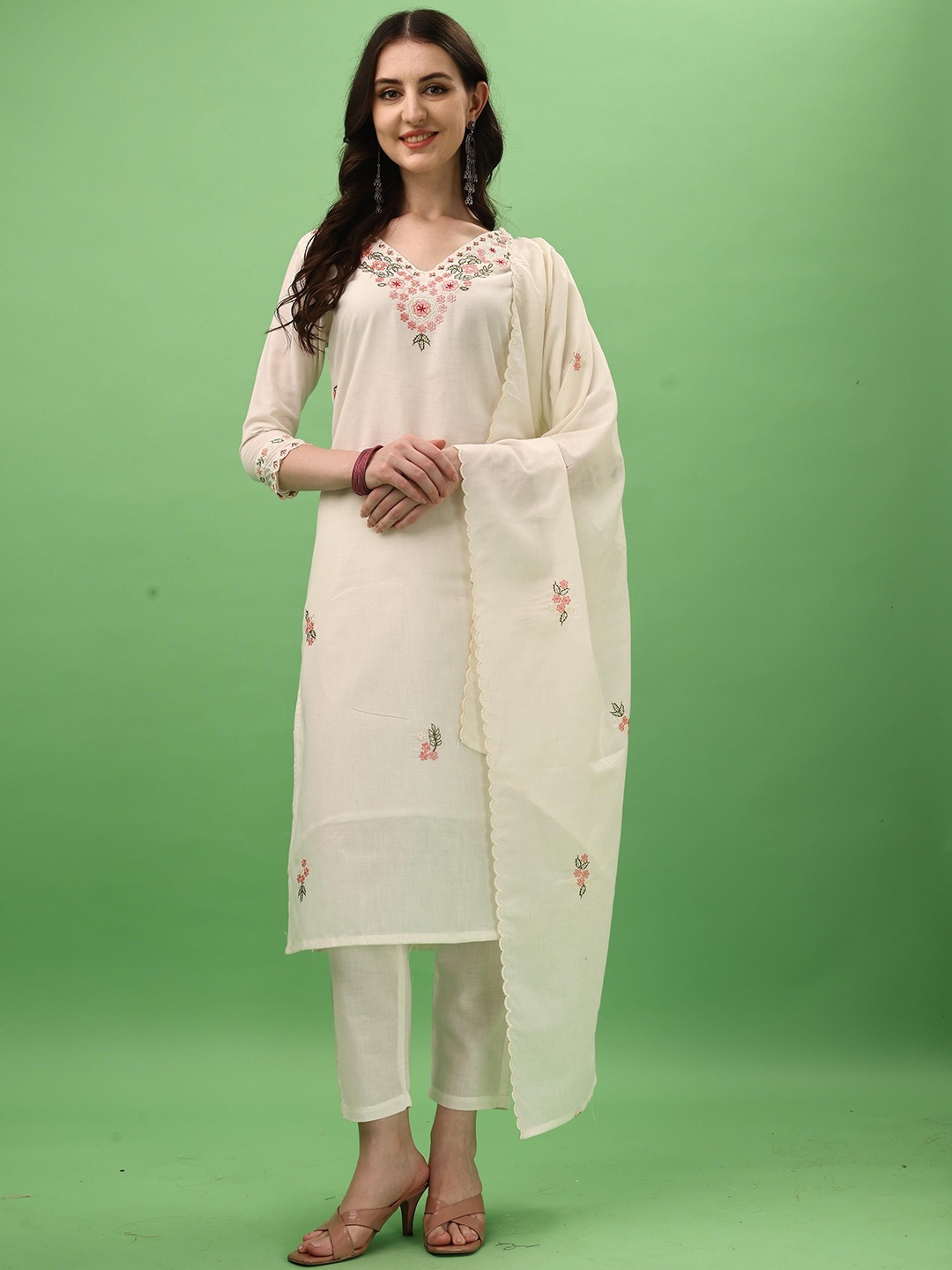 

THE52 Floral Printed Thread Work Pure Cotton Straight Kurta With Trousers & Dupatta, Cream