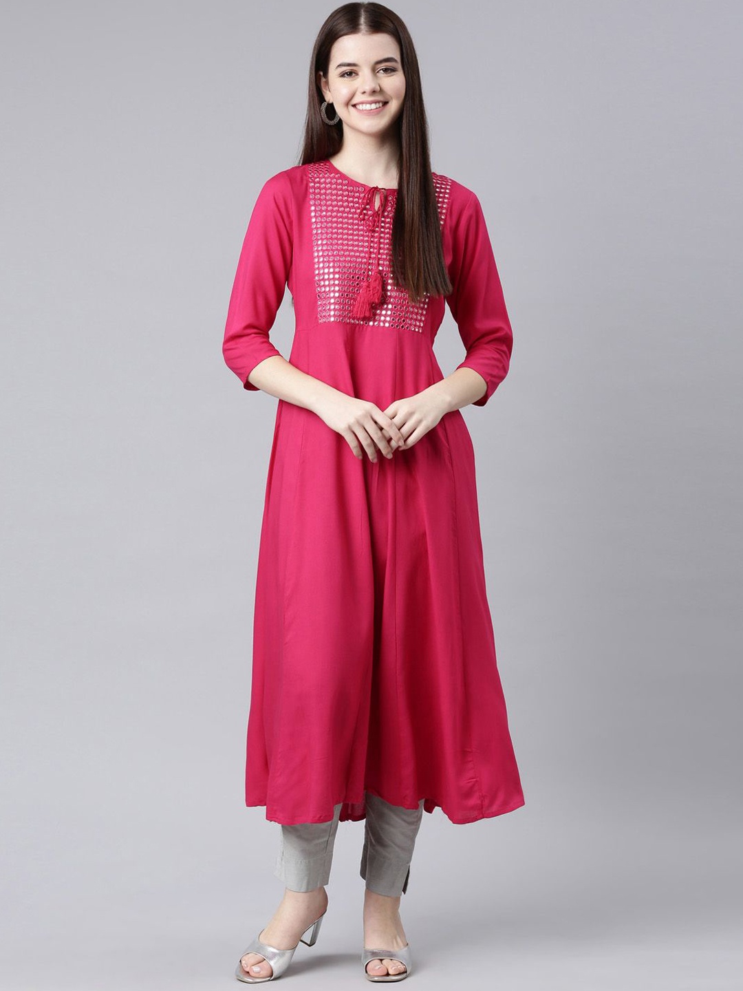 

Neerus Geometric Yoke Design Tie-Up Neck Mirror Work Cotton A-Line Kurta, Pink