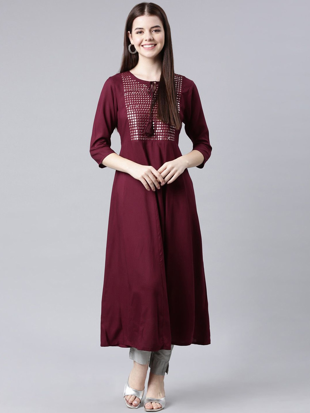 

Neerus Geometric Yoke Design Tie-Up Neck Mirror Work Cotton A-Line Kurta, Purple