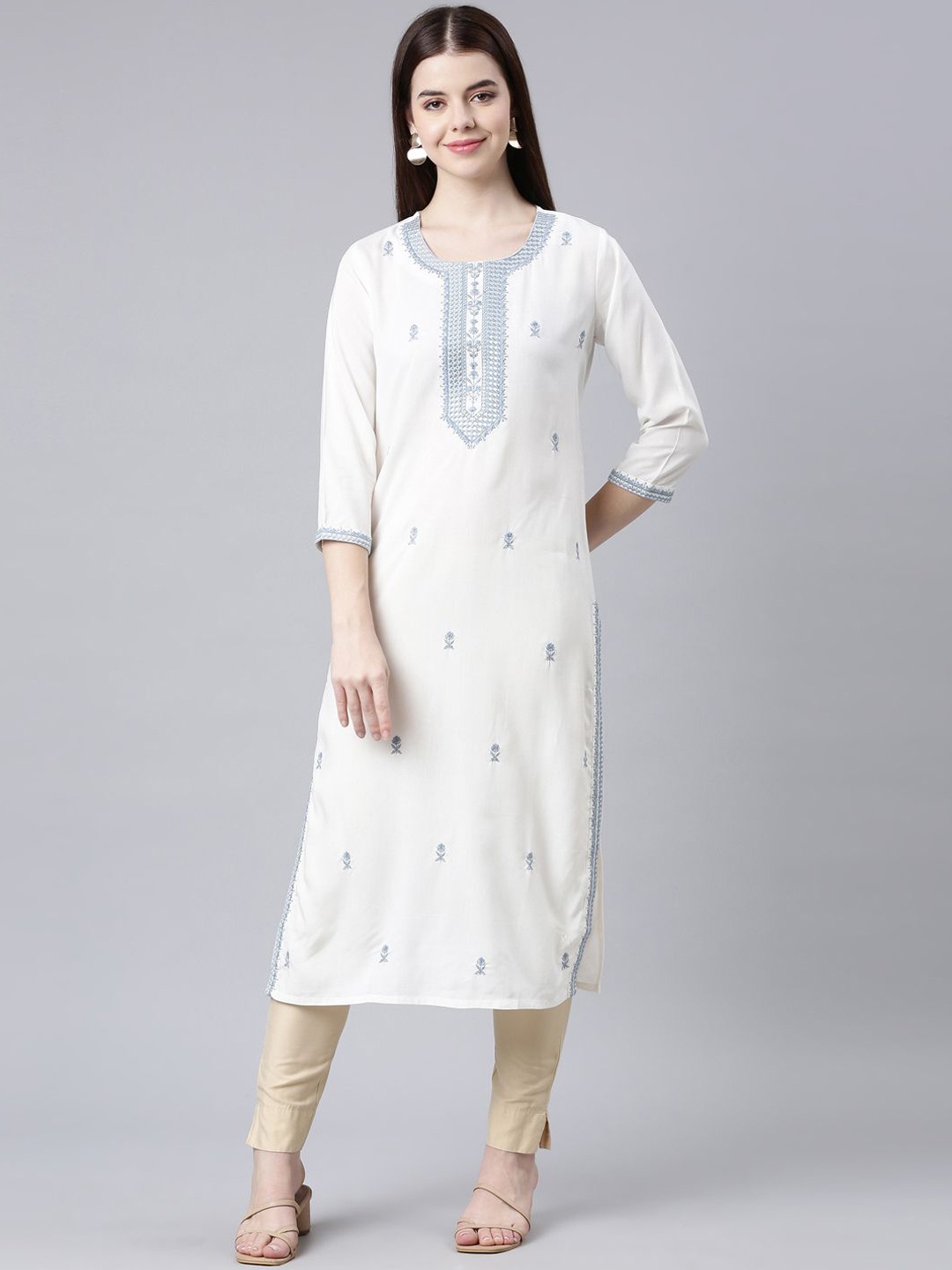 

Neerus Ethnic Motifs Embroidered Round Neck Sequinned Straight Kurta, White
