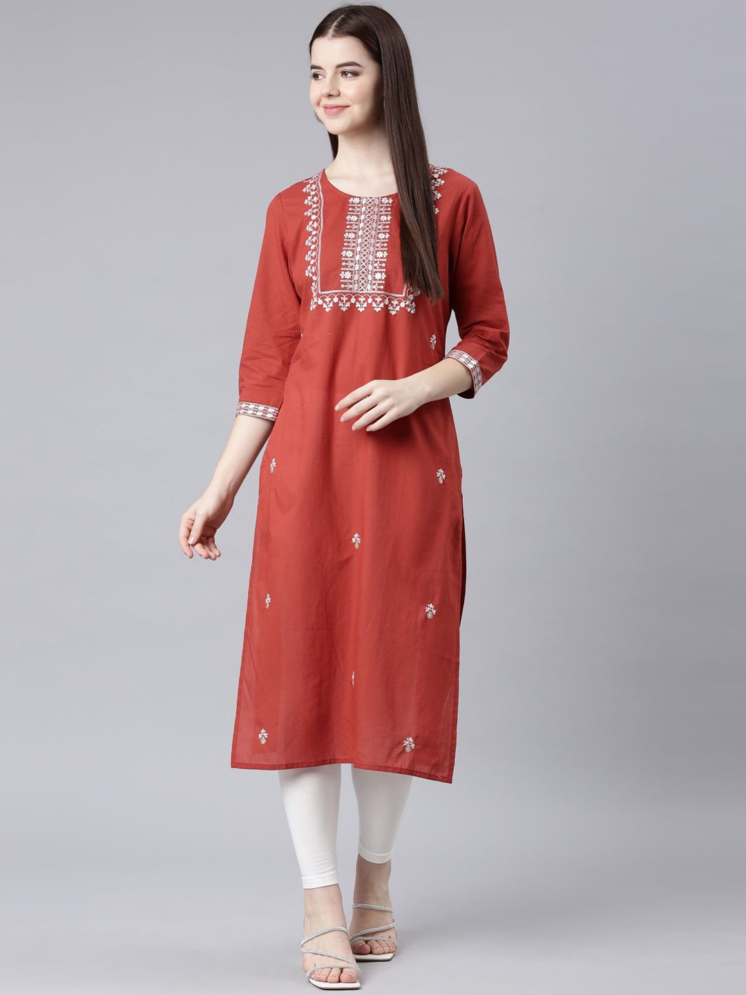 

Neerus Ethnic Motifs Embroidered Round Neck Sequinned Cotton Straight Kurta, Rust