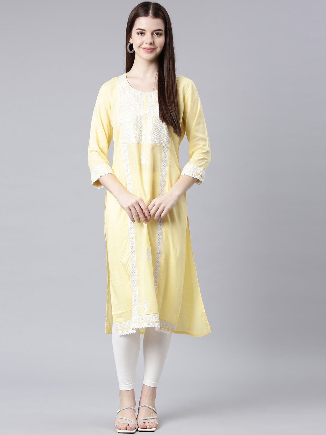 

Neerus Floral Embroidered Thread Work Straight Kurta, Yellow