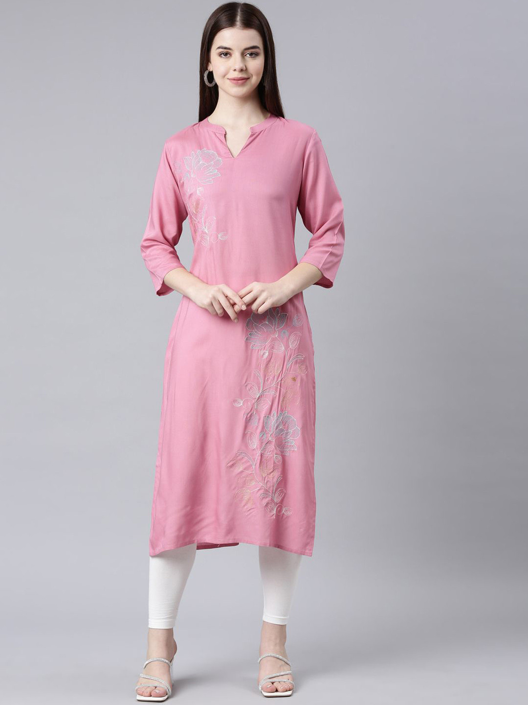 

Neerus Floral Embroidered Thread Work Straight Kurta, Pink