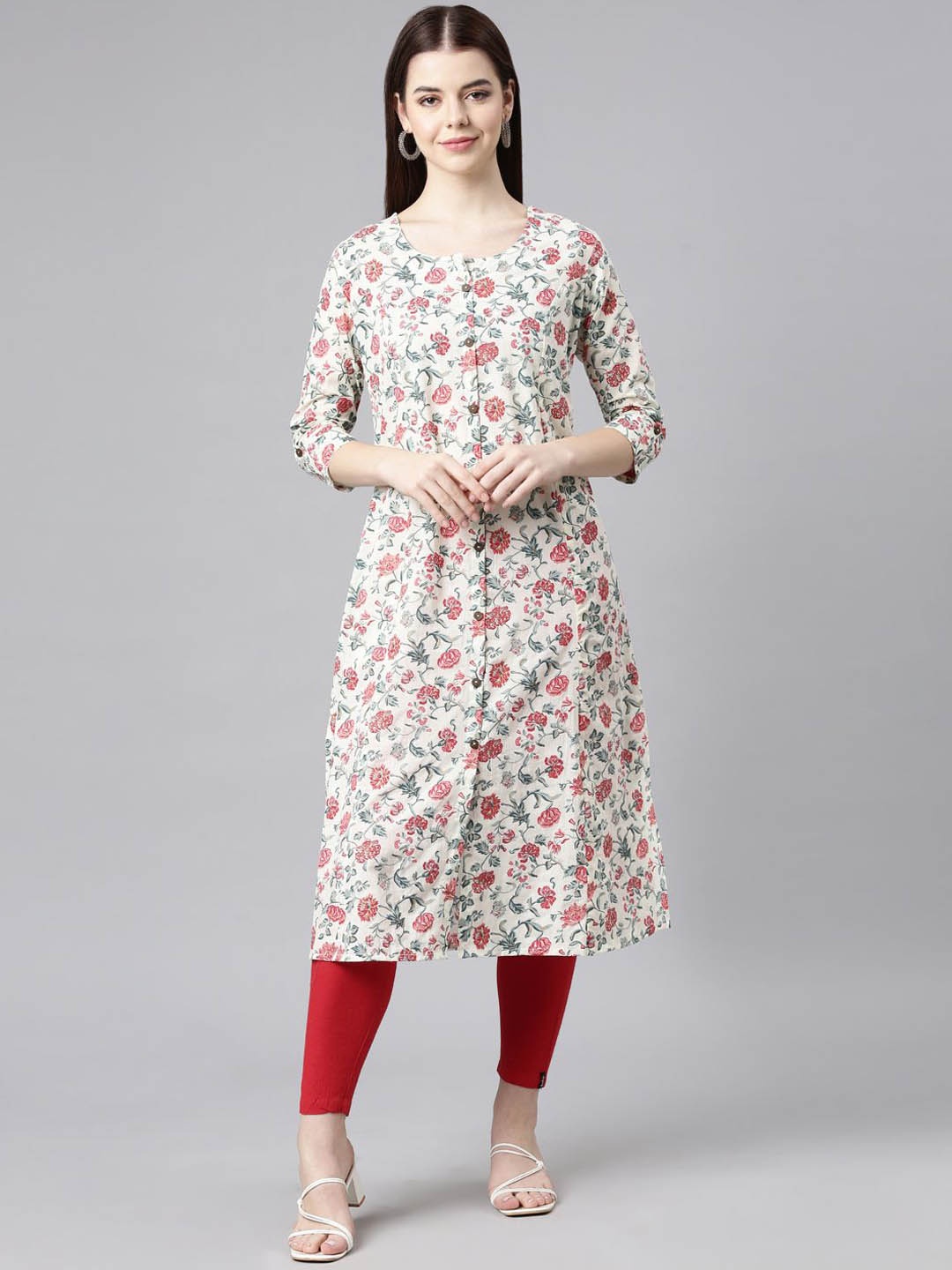 

Neerus Floral Printed Cotton Straigth Kurta, Red