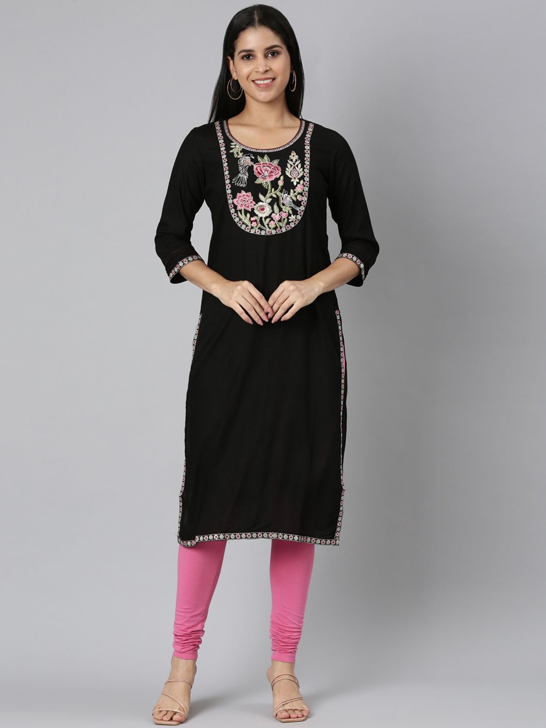 

Neerus Floral Embroidered Thread Work Straigth Kurta, Black