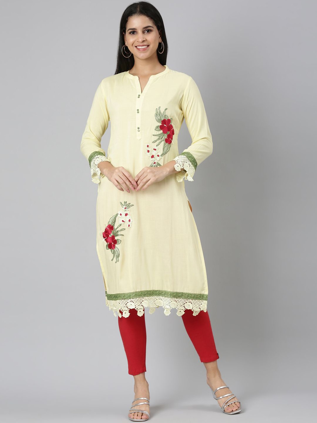 

Neerus Floral Printed Thread Work Straight Kurta, Yellow