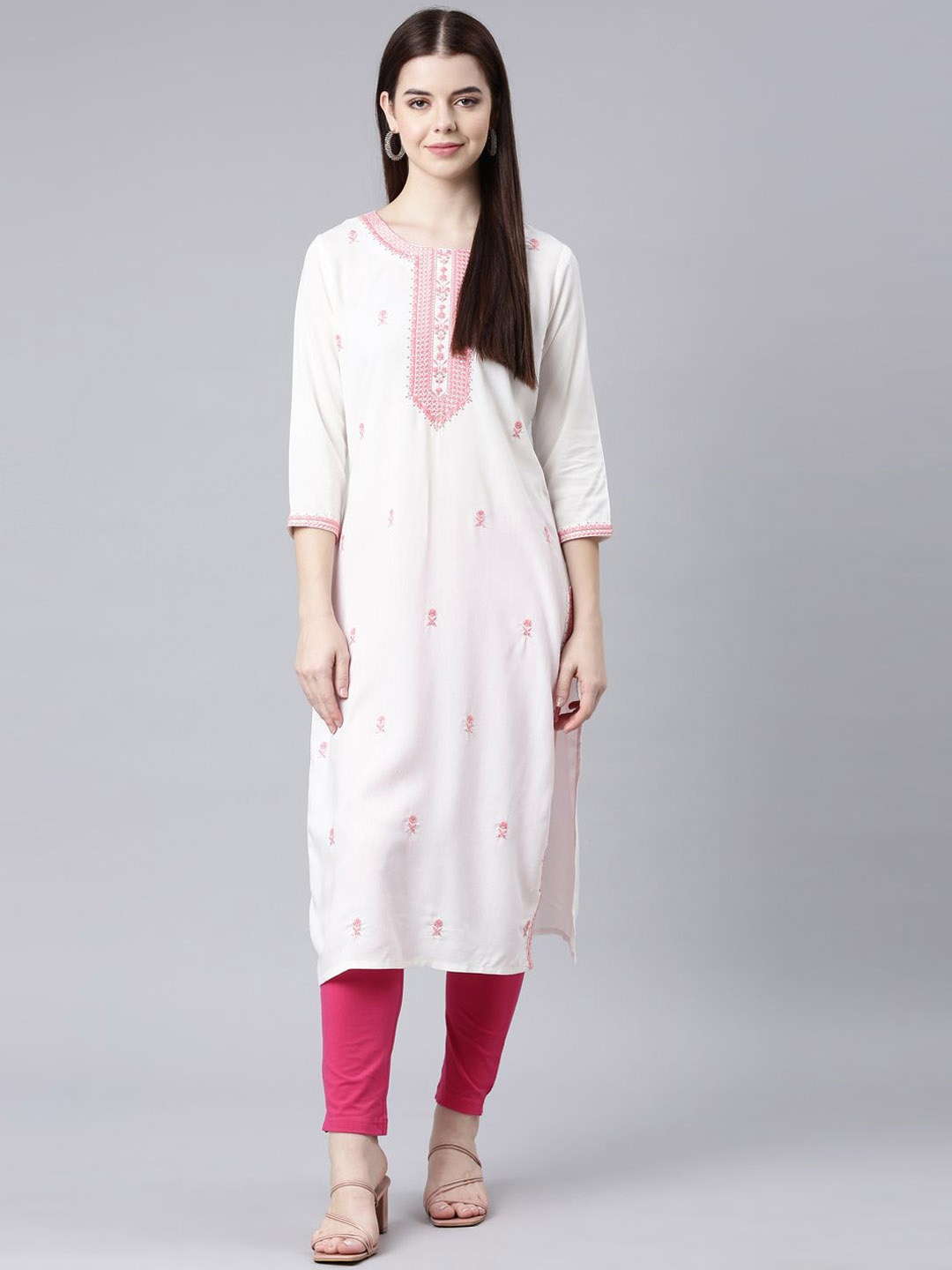 

Neerus Floral Embroidered Thread Work Straight Kurta, White