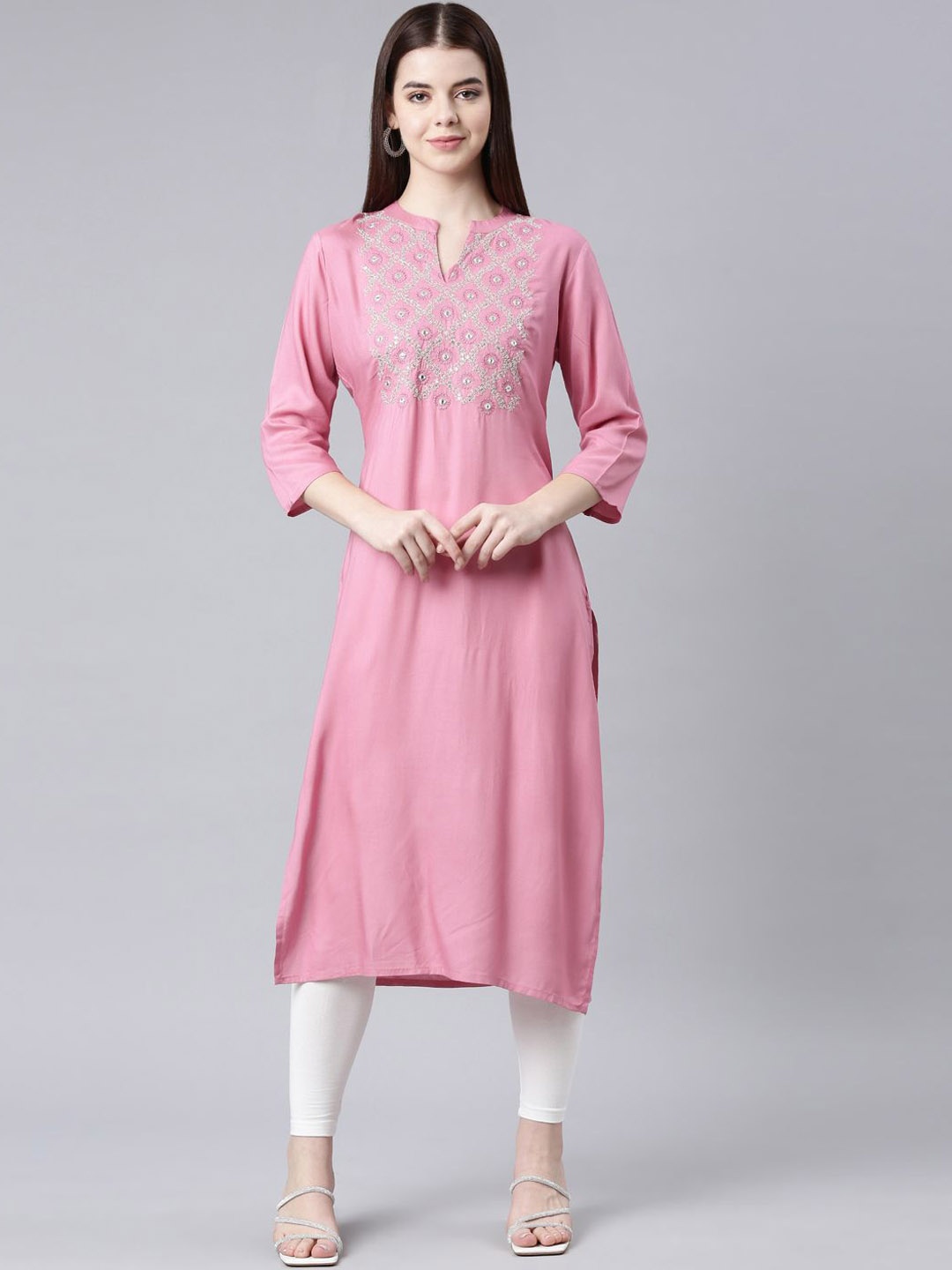 

Neerus Yoke Design Mandarin Collar Thread Work Straigth Kurta, Pink