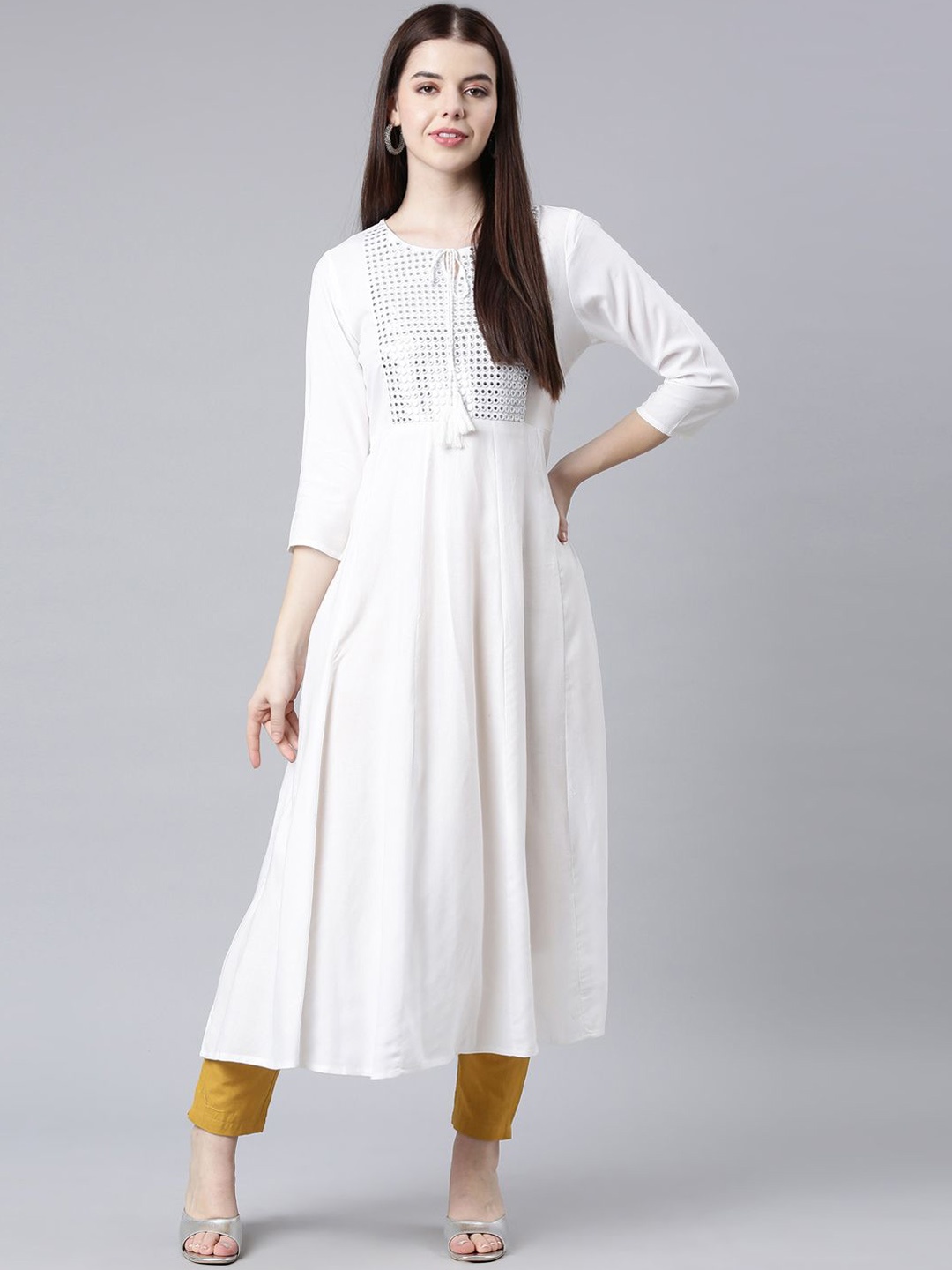 

Neerus Embroidered Mirror Work Tie-Up Neck Cotton Anarkali Kurta, Off white