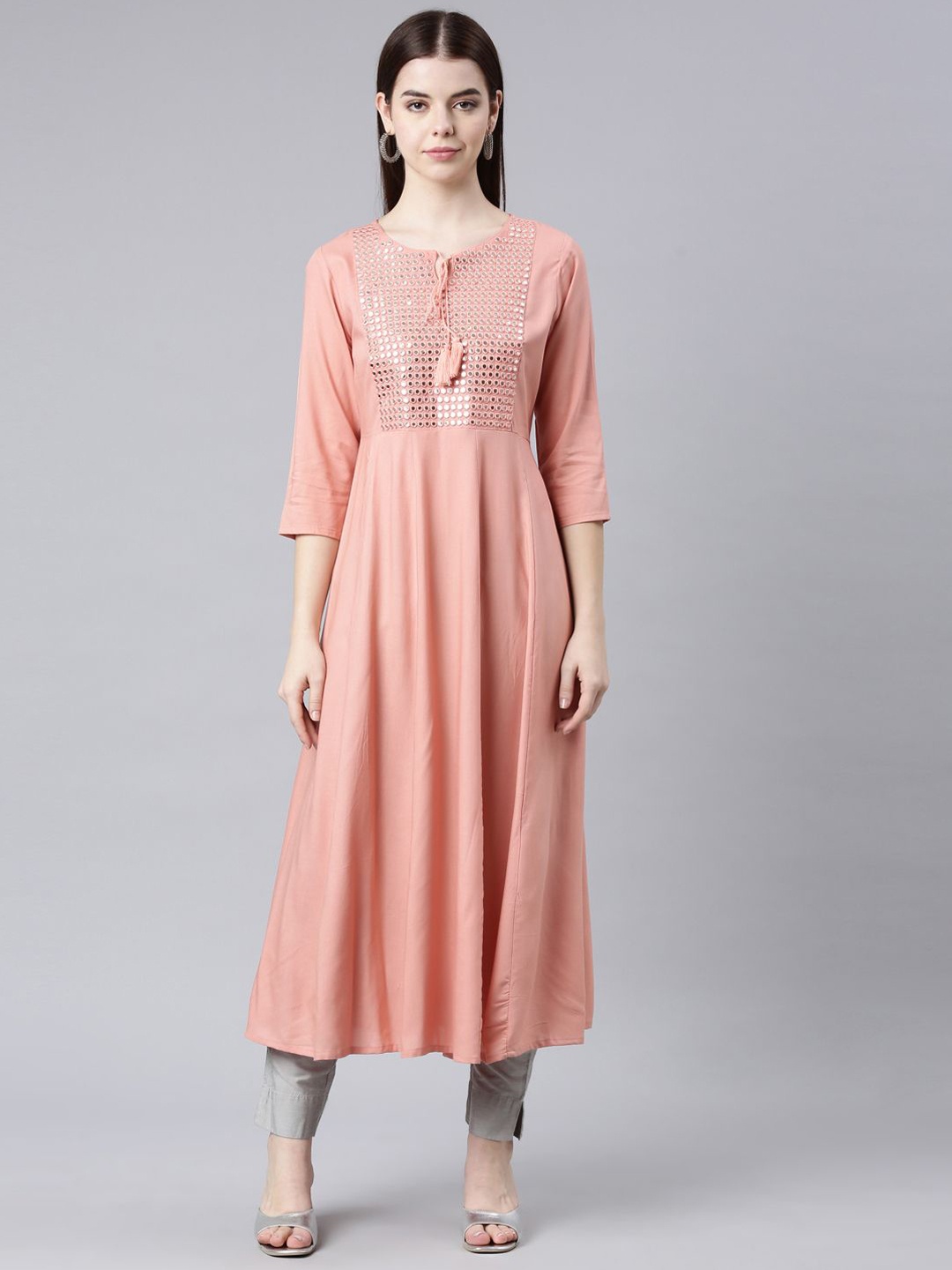 

Neerus Yoke Design Tie-Up Neck Mirror Work Cotton Anarkali Kurta, Peach