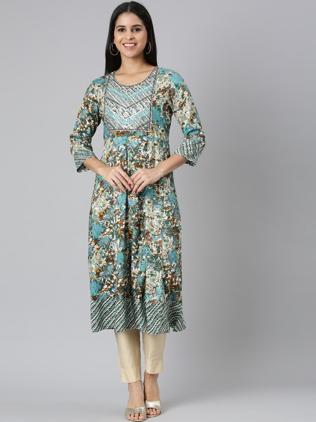 

Neerus Aabstract Printed Flared Thread Work Anarkali Kurta, Sea green