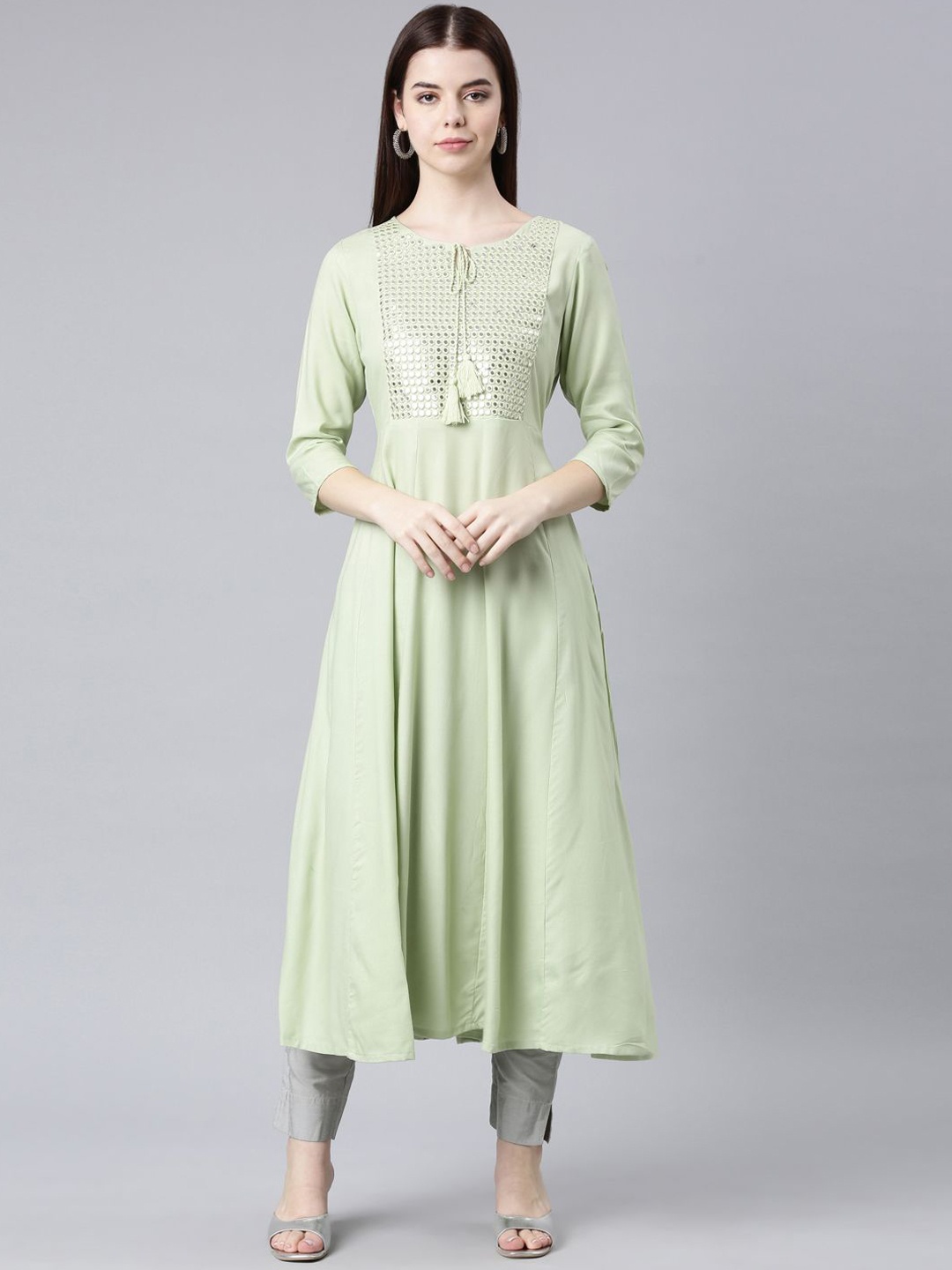 

Neerus Yoke Design Mirror Work Cotton Anarkali Kurta, Green