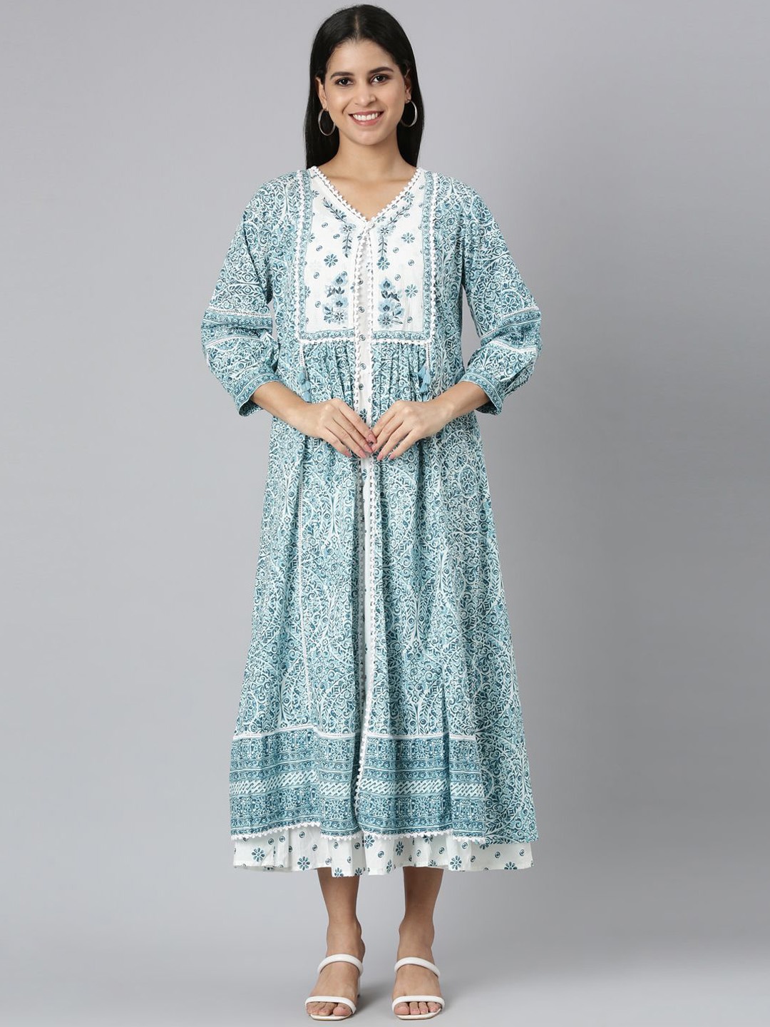 

Neerus Floral Embroidered Thread Work Cotton Anarkali Kurta, Turquoise blue