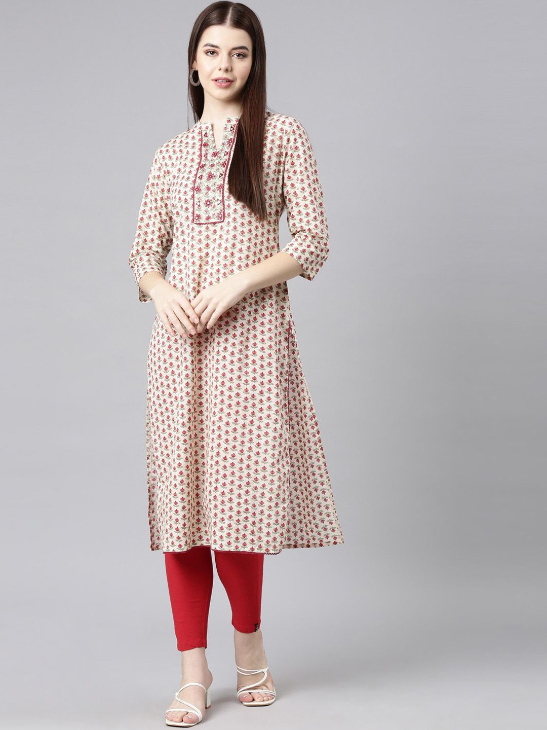 

Neerus Floral Printed Mirror Work Cotton Straight Kurta, Cream