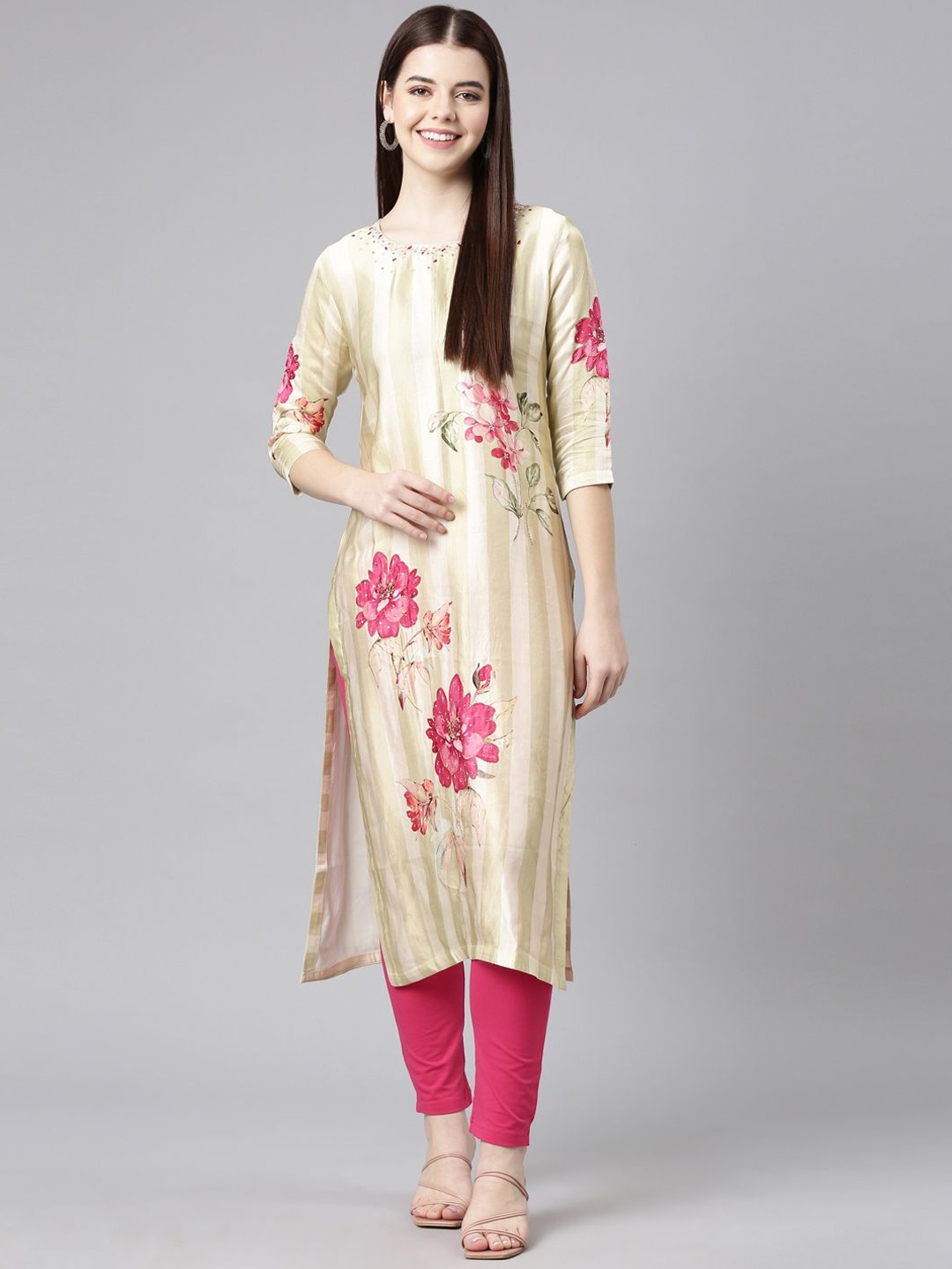

Neerus Floral Printed Sequinned Satin Straigth Kurta, Green