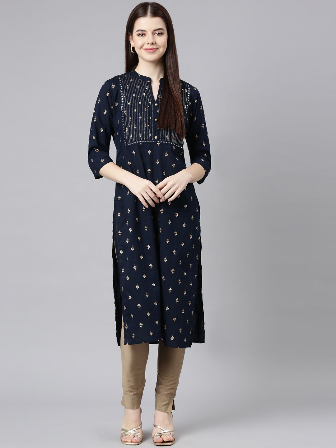 

Neerus Ethnic Motifs Printed Thread Work Cotton Straigth Kurta, Blue