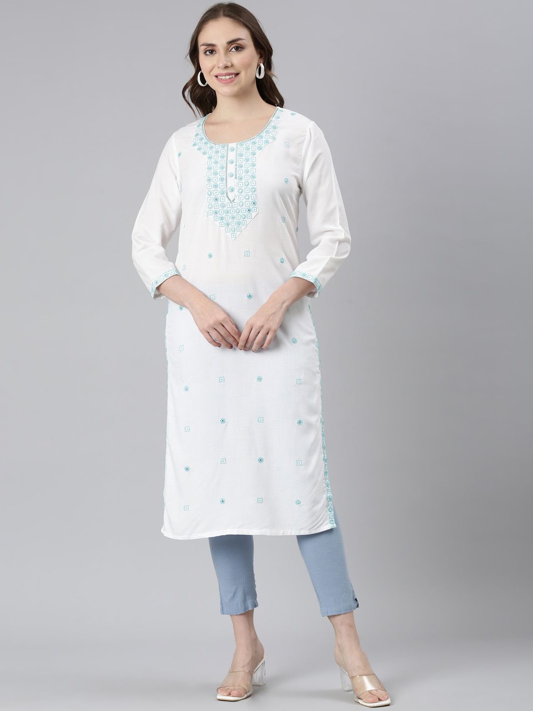 

Neerus Geometric Embroidered Thread Work Straigth Kurta, Turquoise blue