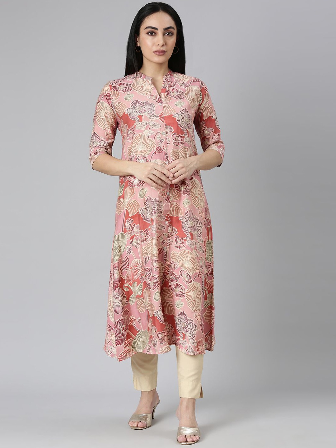 

Neerus Abstract Printed Cotton A-Line Kurta, Pink