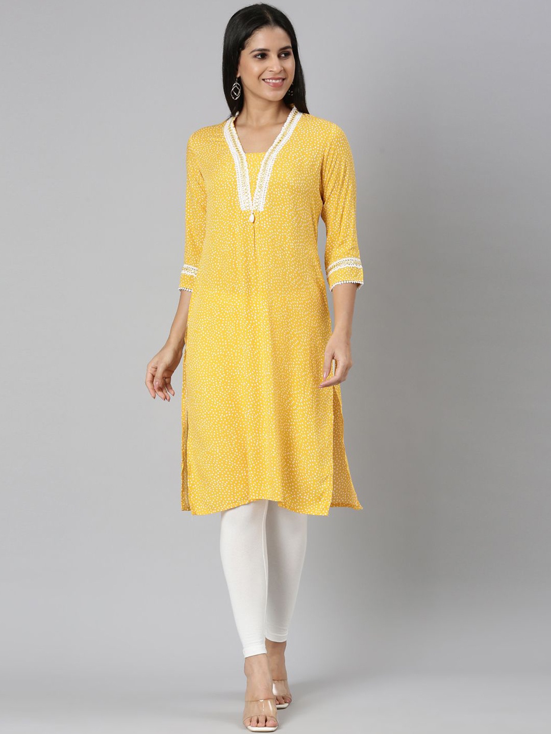 

Neerus Polka Dots Printed Gotta Patti V-Neck Straight Kurta, Mustard