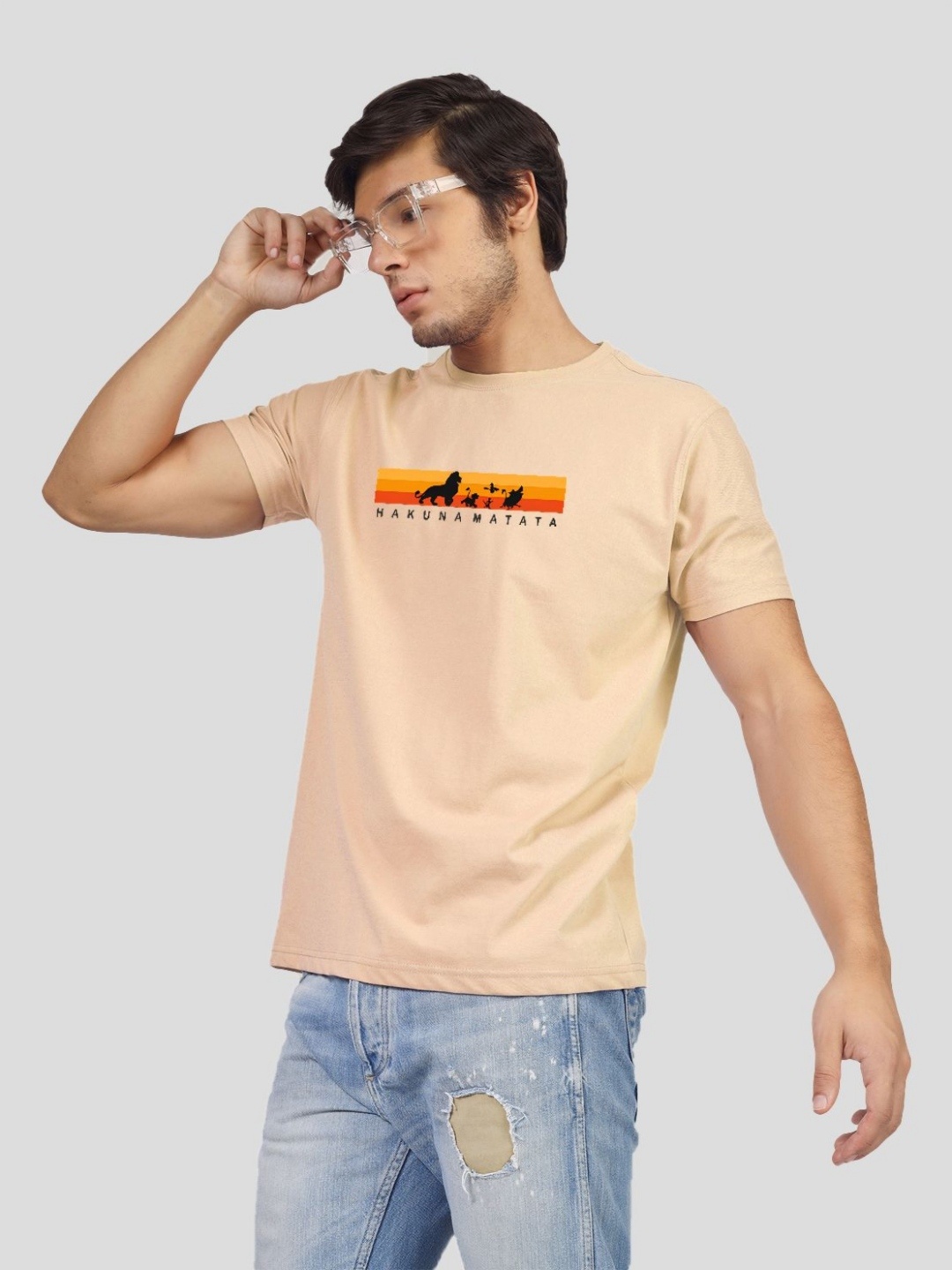 Greylongg Men Graphic Printed Round Neck Cotton T-Shirt, Beige