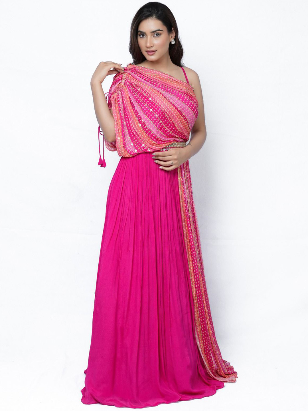 

ALIYANA Fit & Flared Maxi Ethnic Dress With Embroidered Waist Belt, Pink