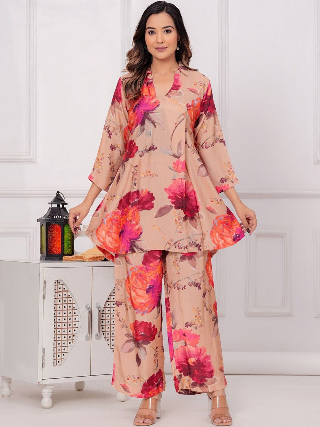 

KALINI Floral Printed Pleated Pure Silk Kurti with Palazzos, Pink