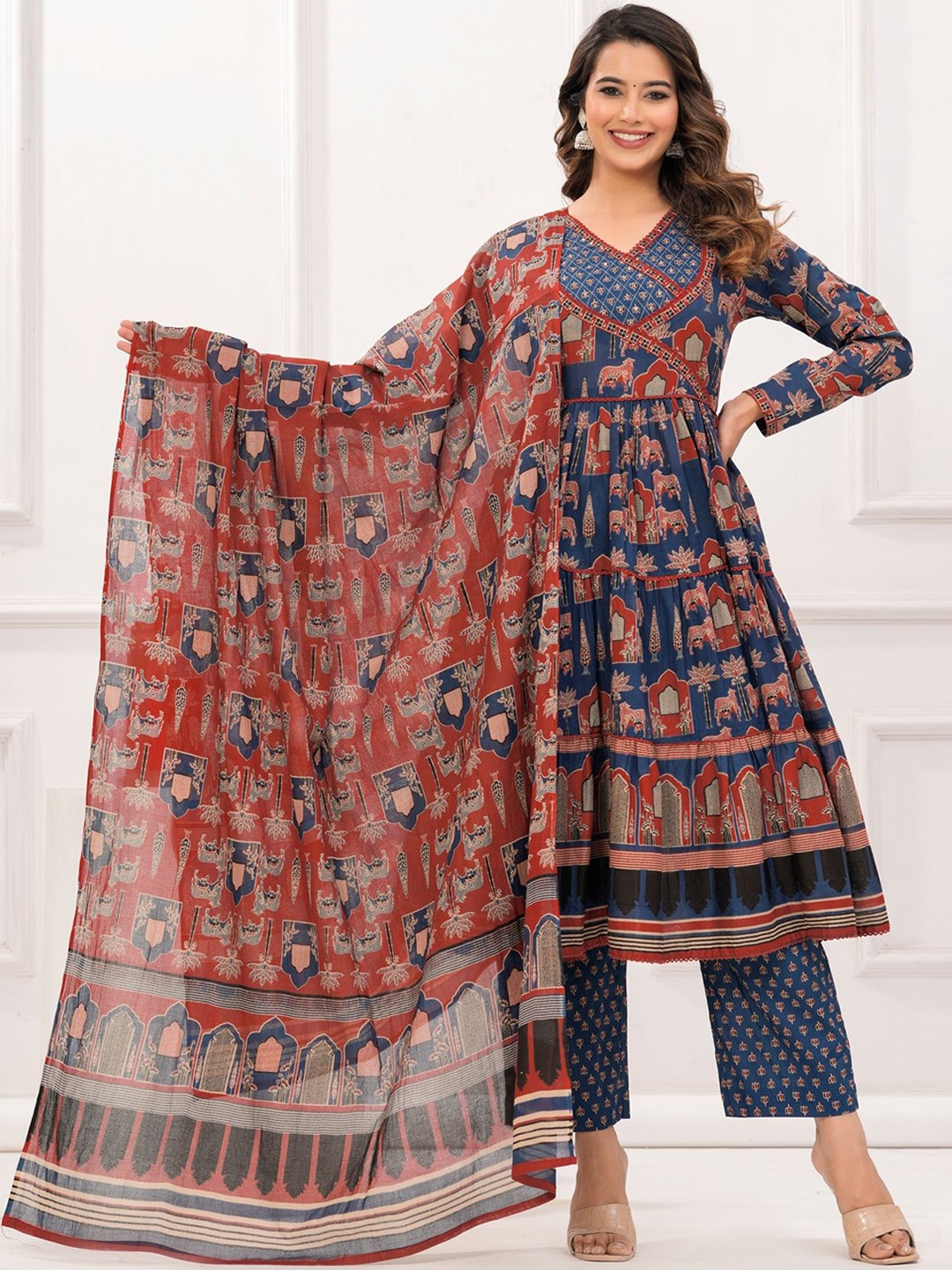 

KALINI Floral Printed V-Neck Beads and Stones Pure Cotton Kurta with Trousers & Dupatta, Navy blue