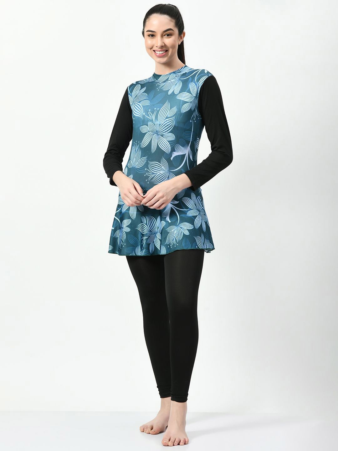 

JMT Wear Floral Printed Round Neck Swimwear With Attached Tights, Blue