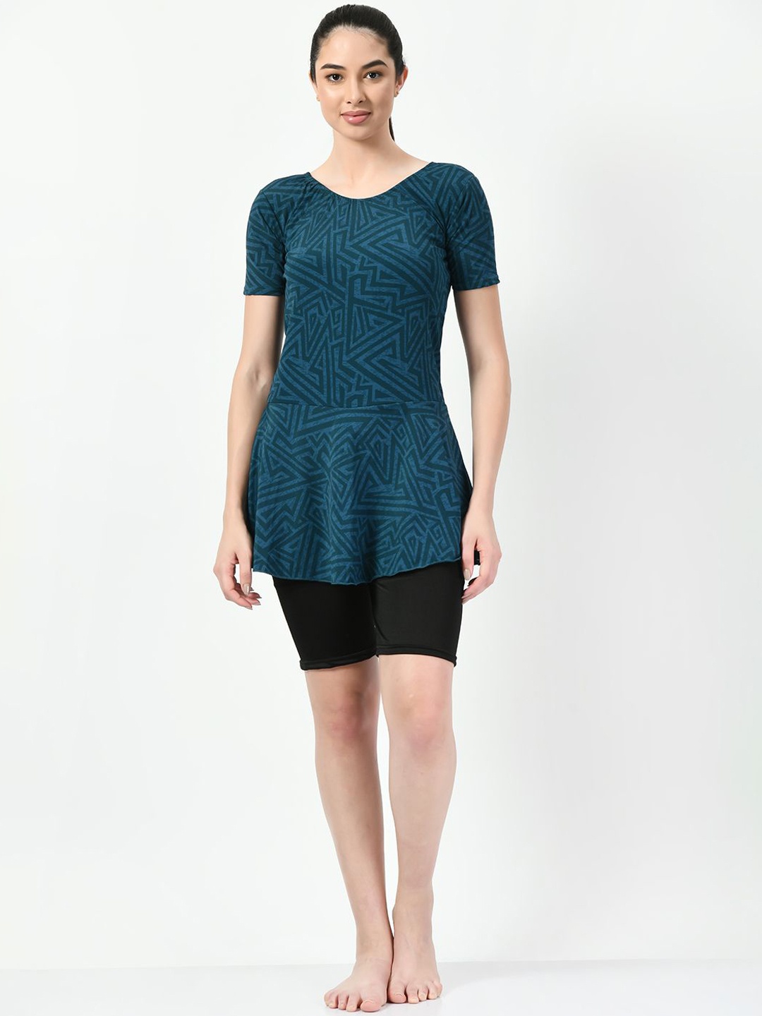 

JMT Wear Printed Round Neck Short Sleeve Swimming Dress With Attached Shorts, Blue