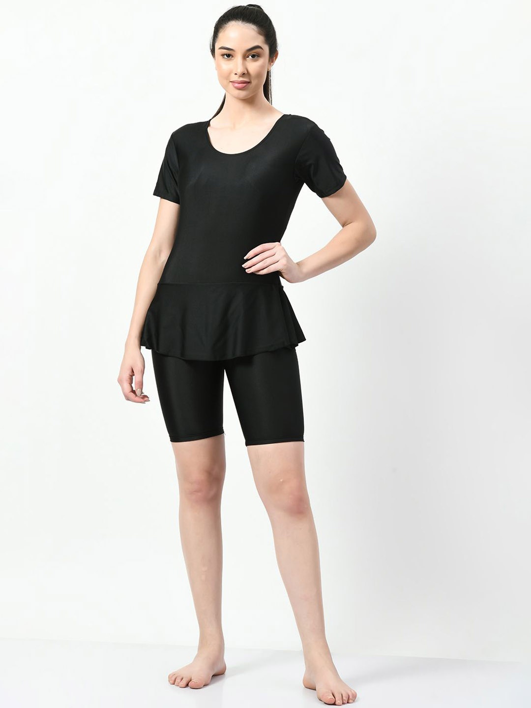 

JMT Wear Round Neck Swimwear With Attached Shorts, Black