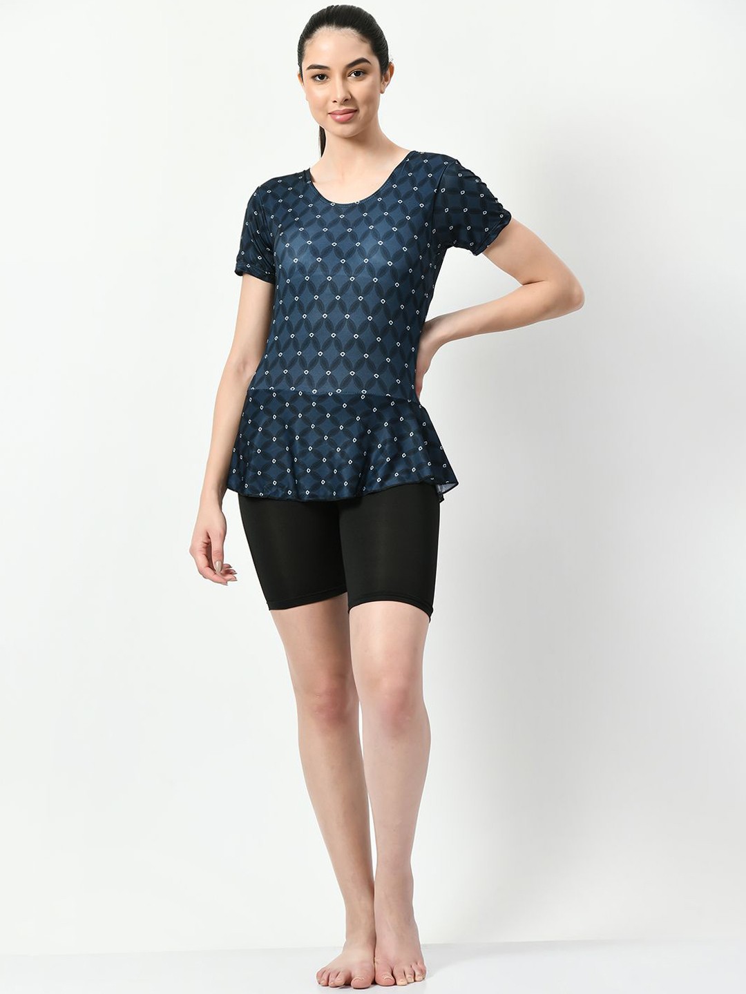 

JMT Wear Printed Round Neck Short Sleeve Swimming Dress With Attached Shorts, Blue