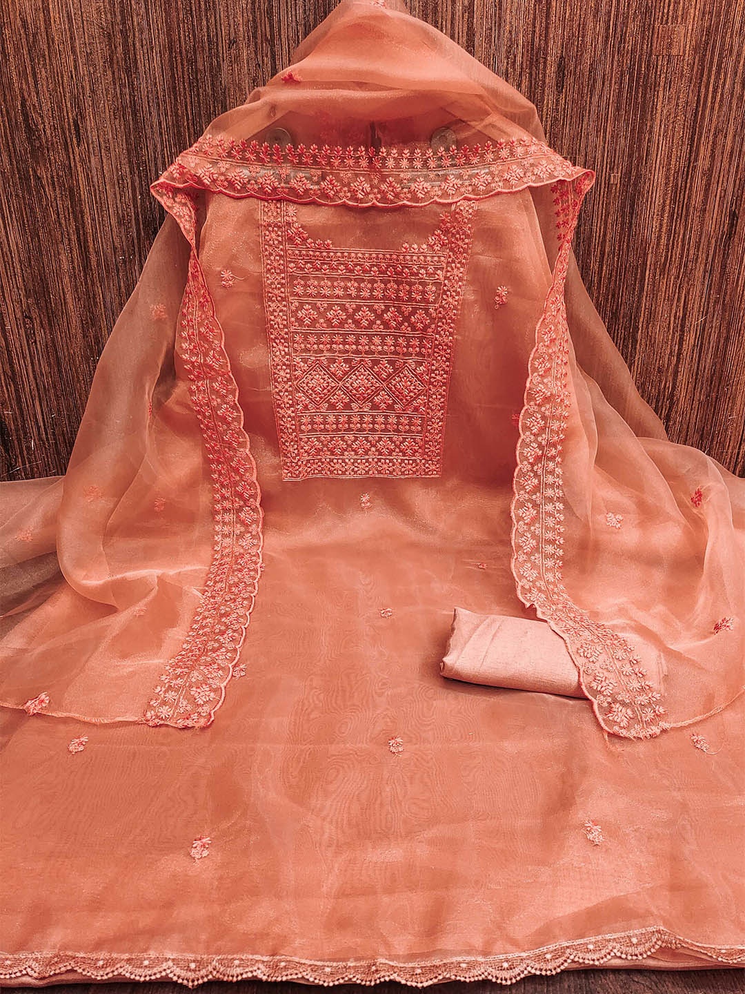

KALINI Floral Embroidered Organza Unstitched Dress Material, Orange
