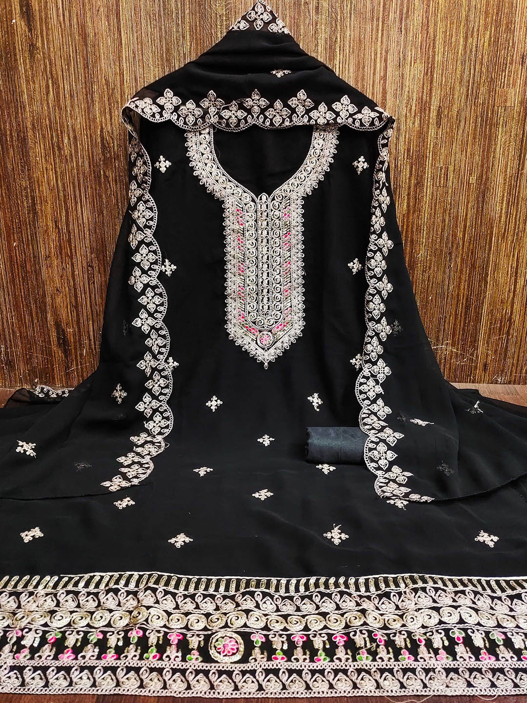 

KALINI Floral Embroidered Silk Georgette Unstitched Dress Material, Black