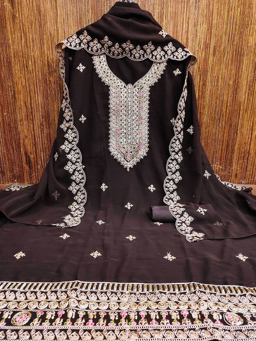 

KALINI Embroidered Silk Georgette Zari Unstitched Dress Material, Brown