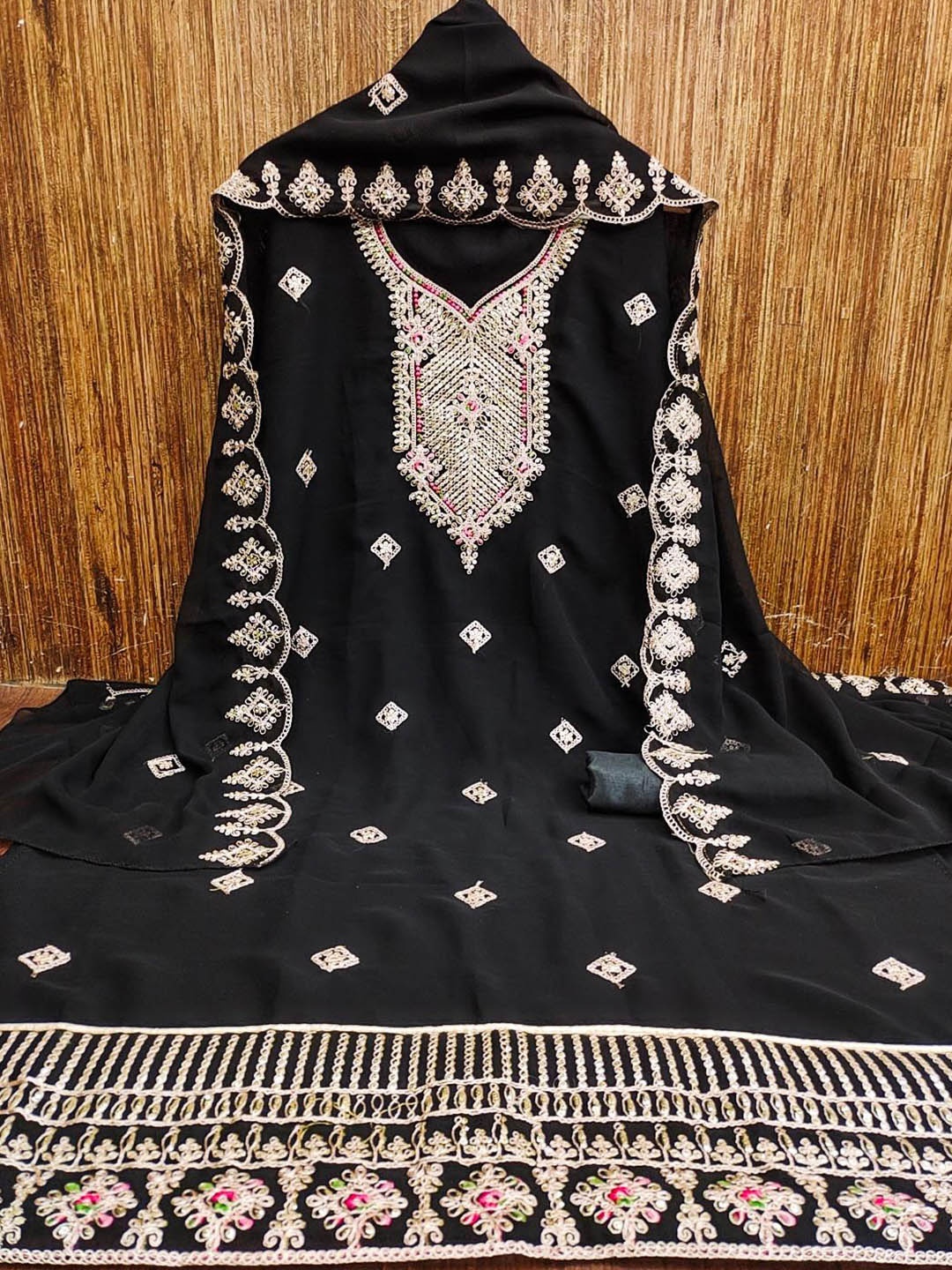 

KALINI Embroidered Silk Georgette Zari Unstitched Dress Material, Black