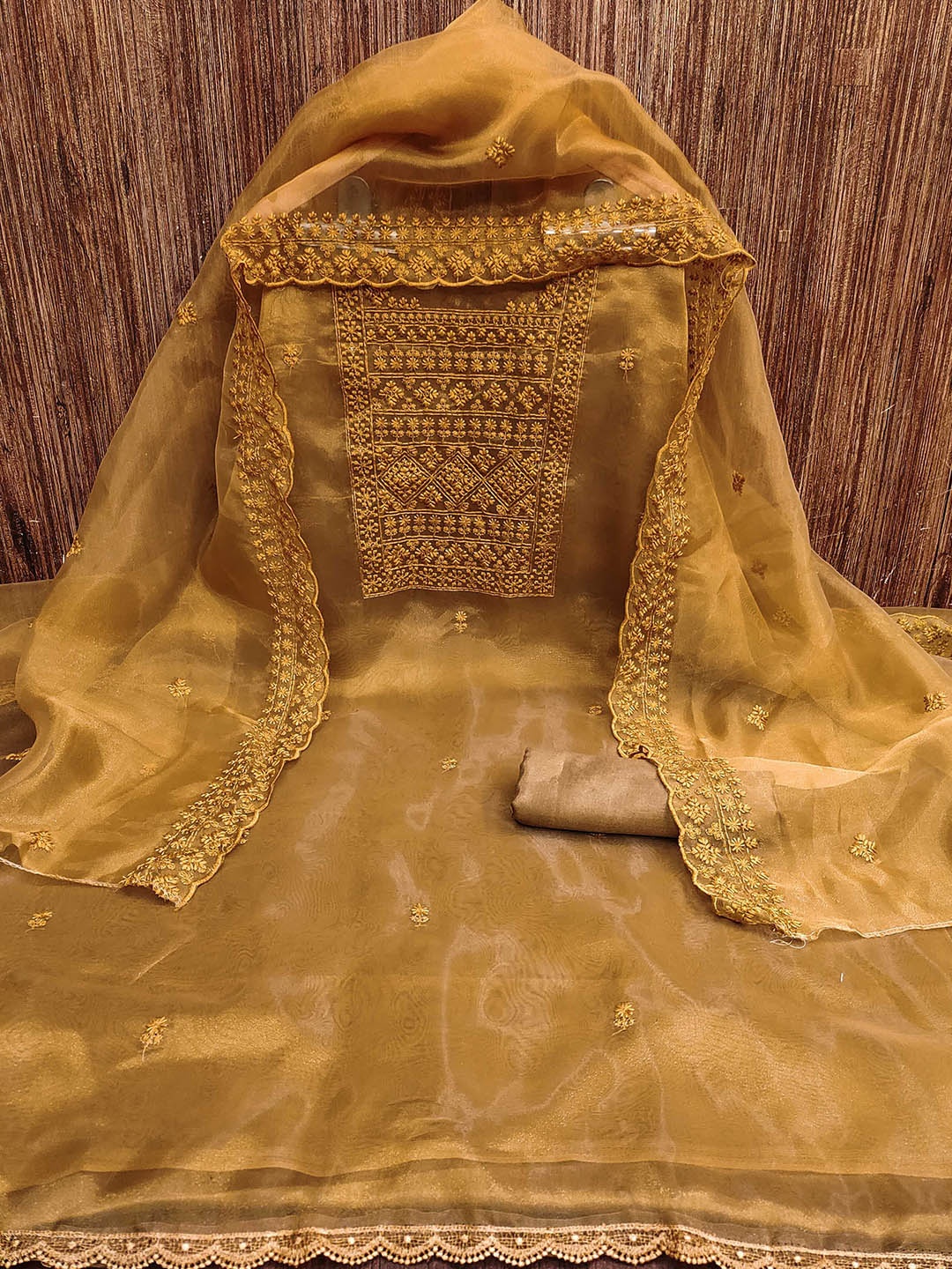 

KALINI Embroidered Organza Zari Unstitched Dress Material, Mustard