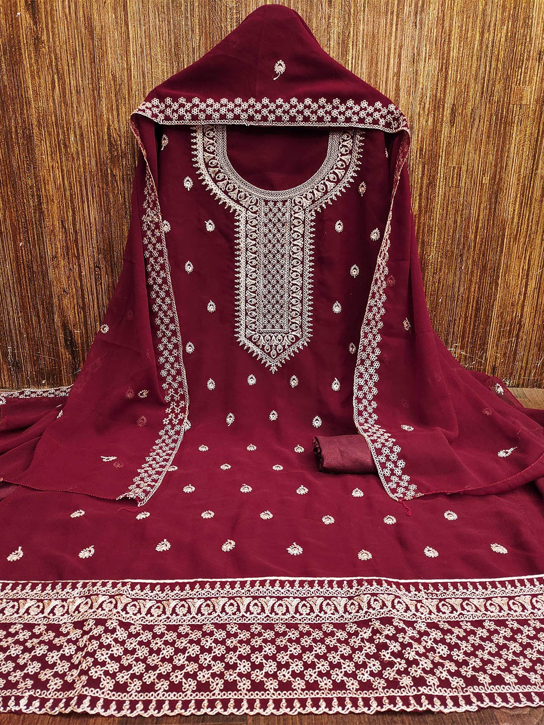 

KALINI Embroidered Silk Georgette Zari Unstitched Dress Material, Maroon