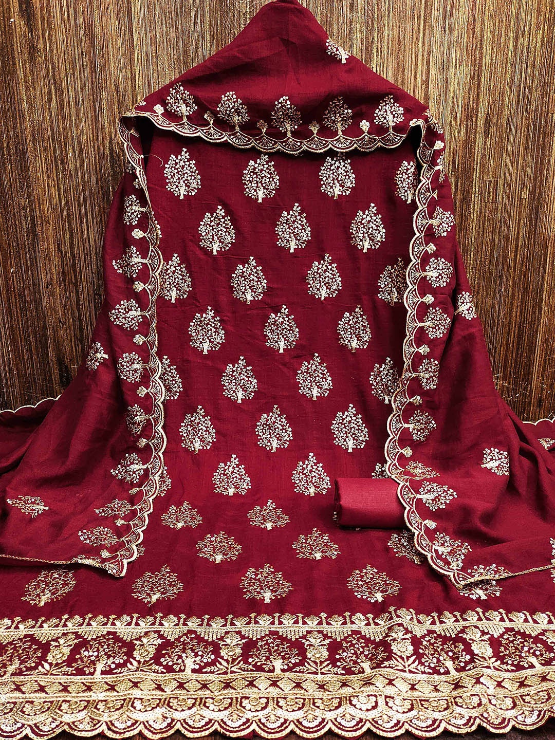

KALINI Embroidered Unstitched Dress Material, Red