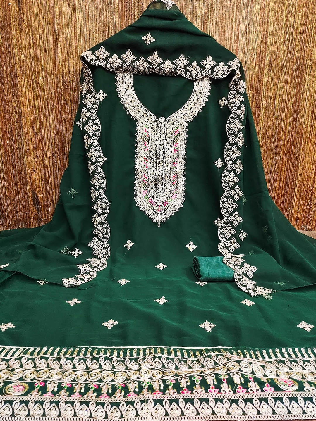 

KALINI Embroidered Silk Georgette Zari Unstitched Dress Material, Green