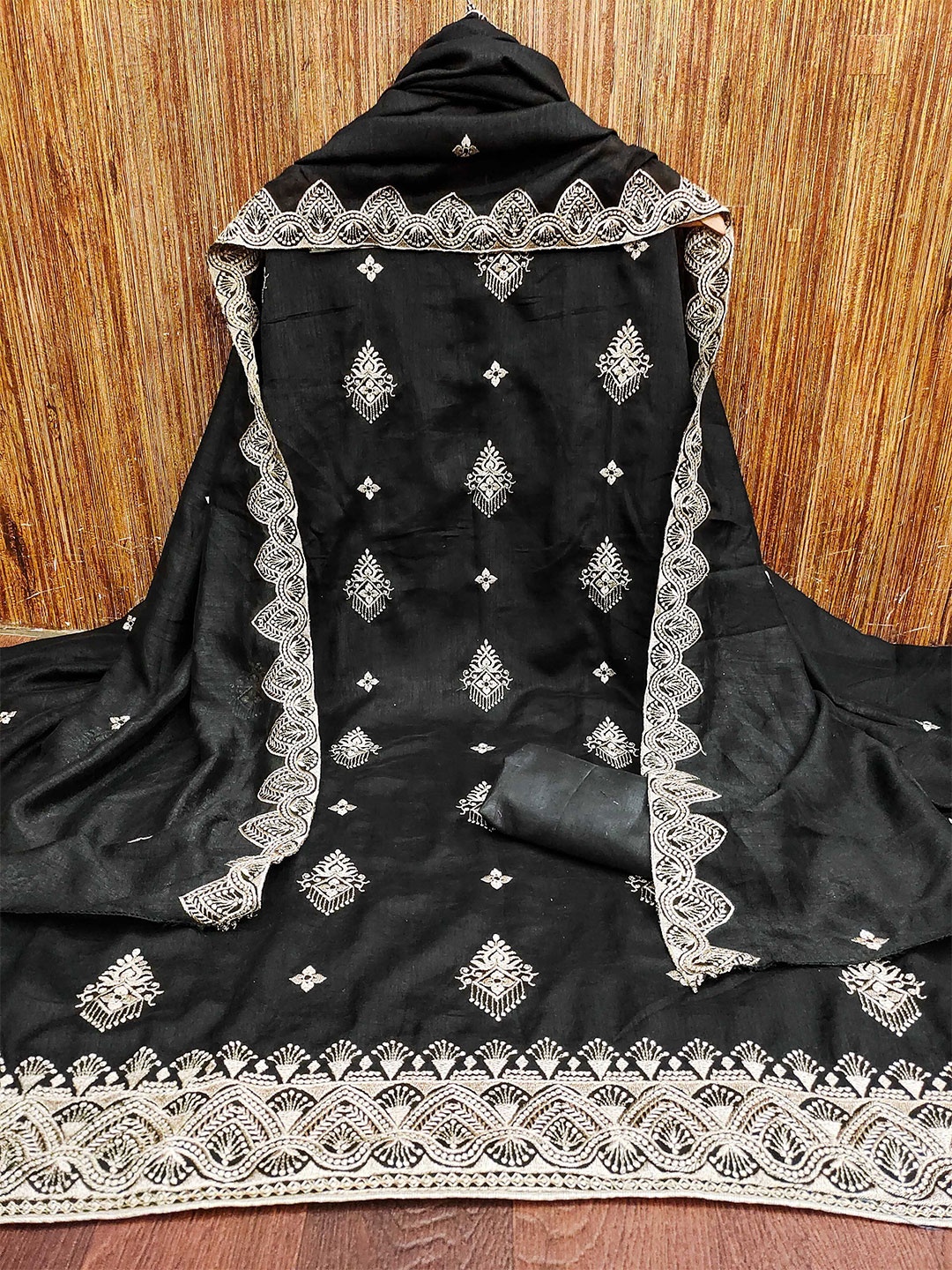 

KALINI Floral Embroidered Zari Unstitched Dress Material, Black