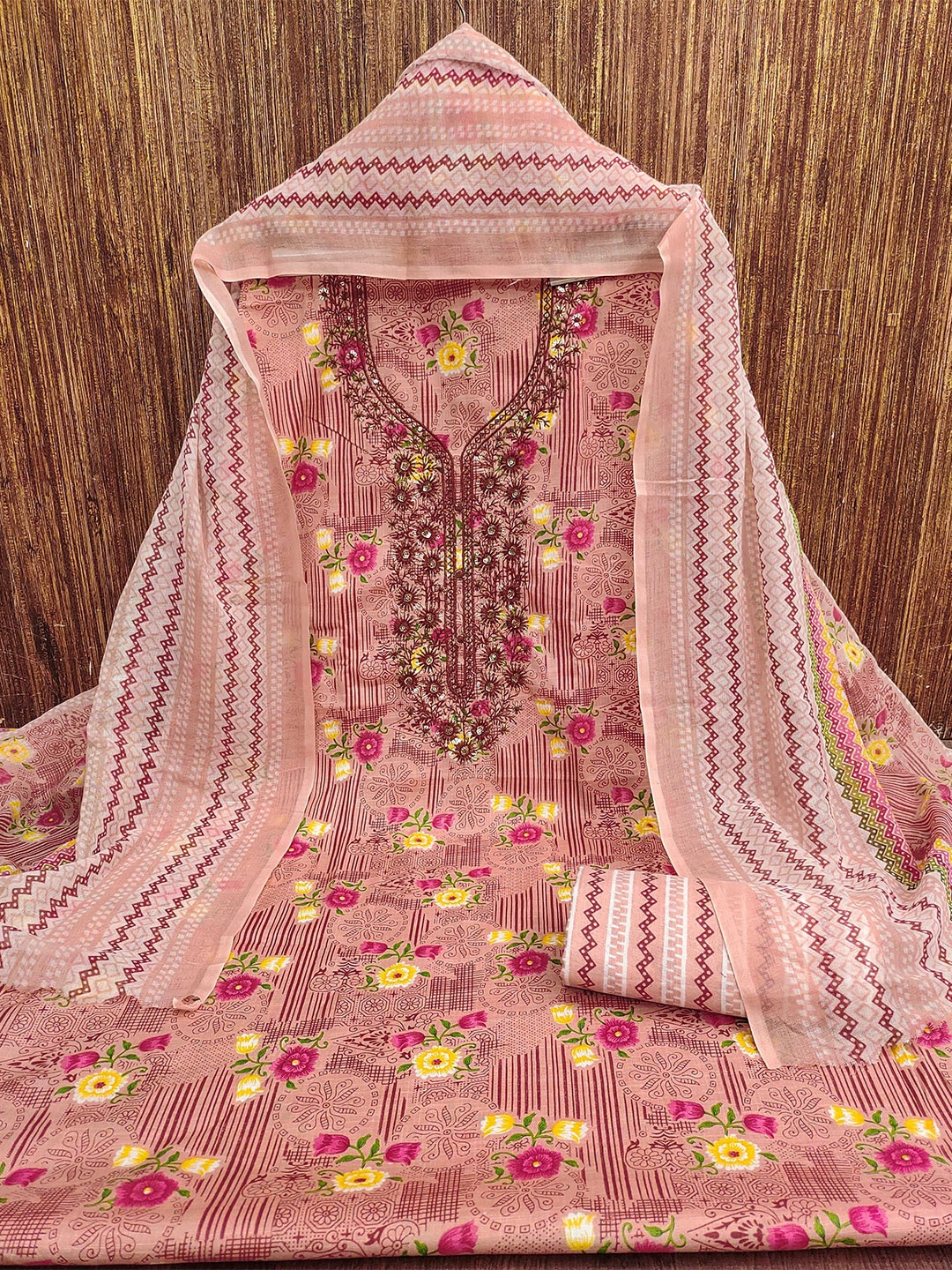 

KALINI Floral Printed Sequinned Pure Cotton Unstitched Dress Material, Pink