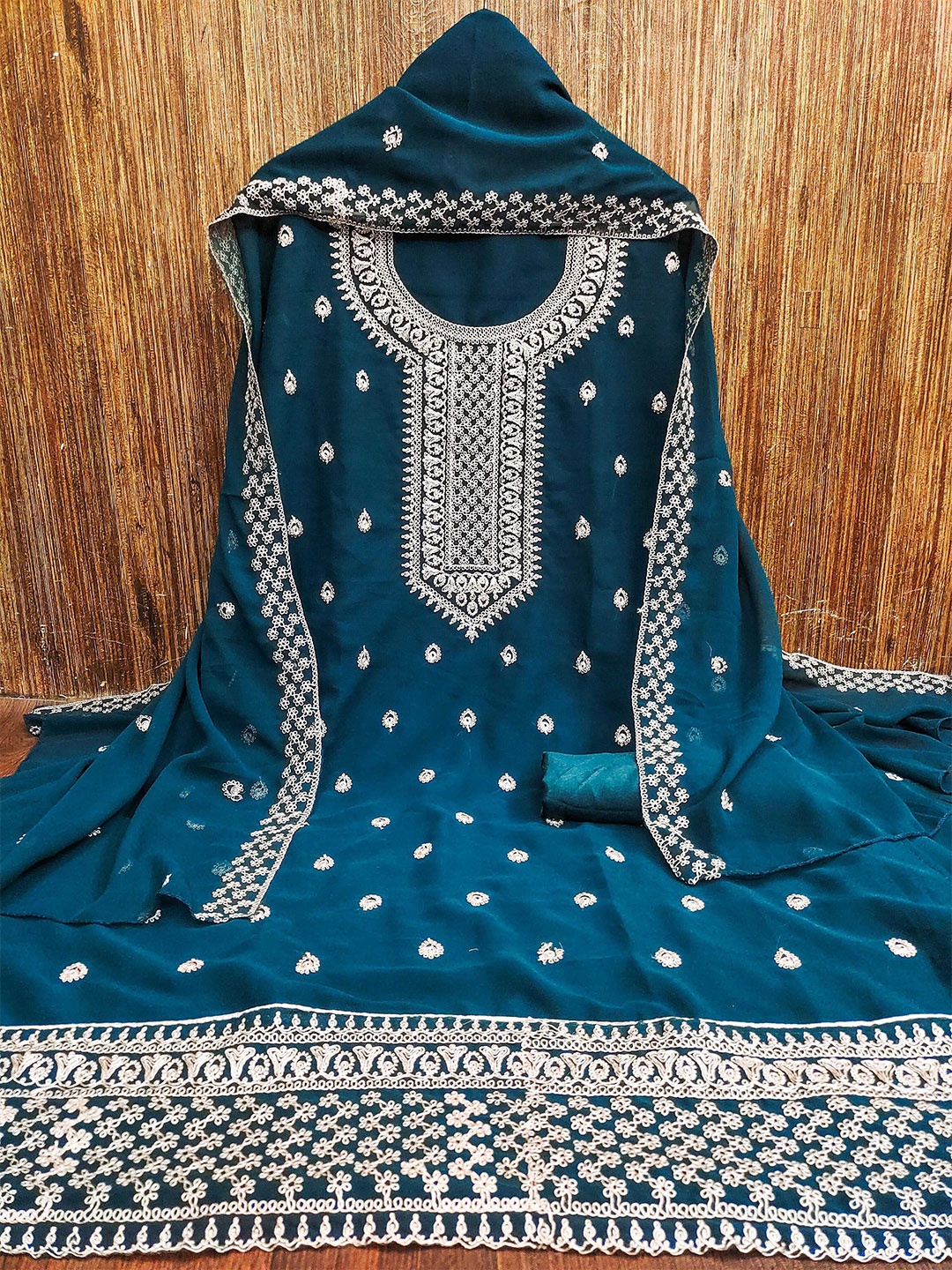 

KALINI Floral Embroidered Silk Georgette Zari Unstitched Dress Material, Teal