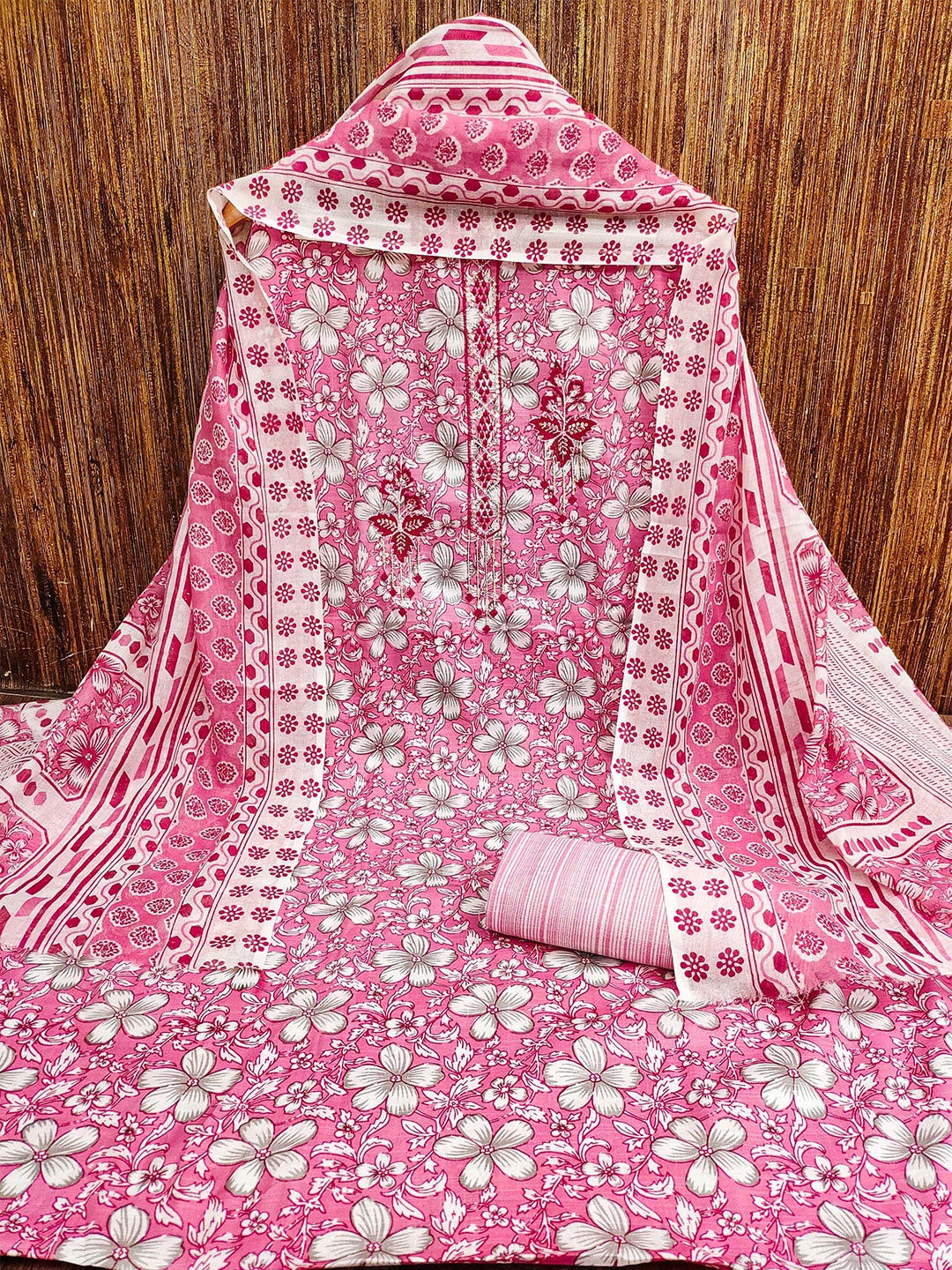 

KALINI Floral Printed Pure Cotton Unstitched Dress Material, Pink