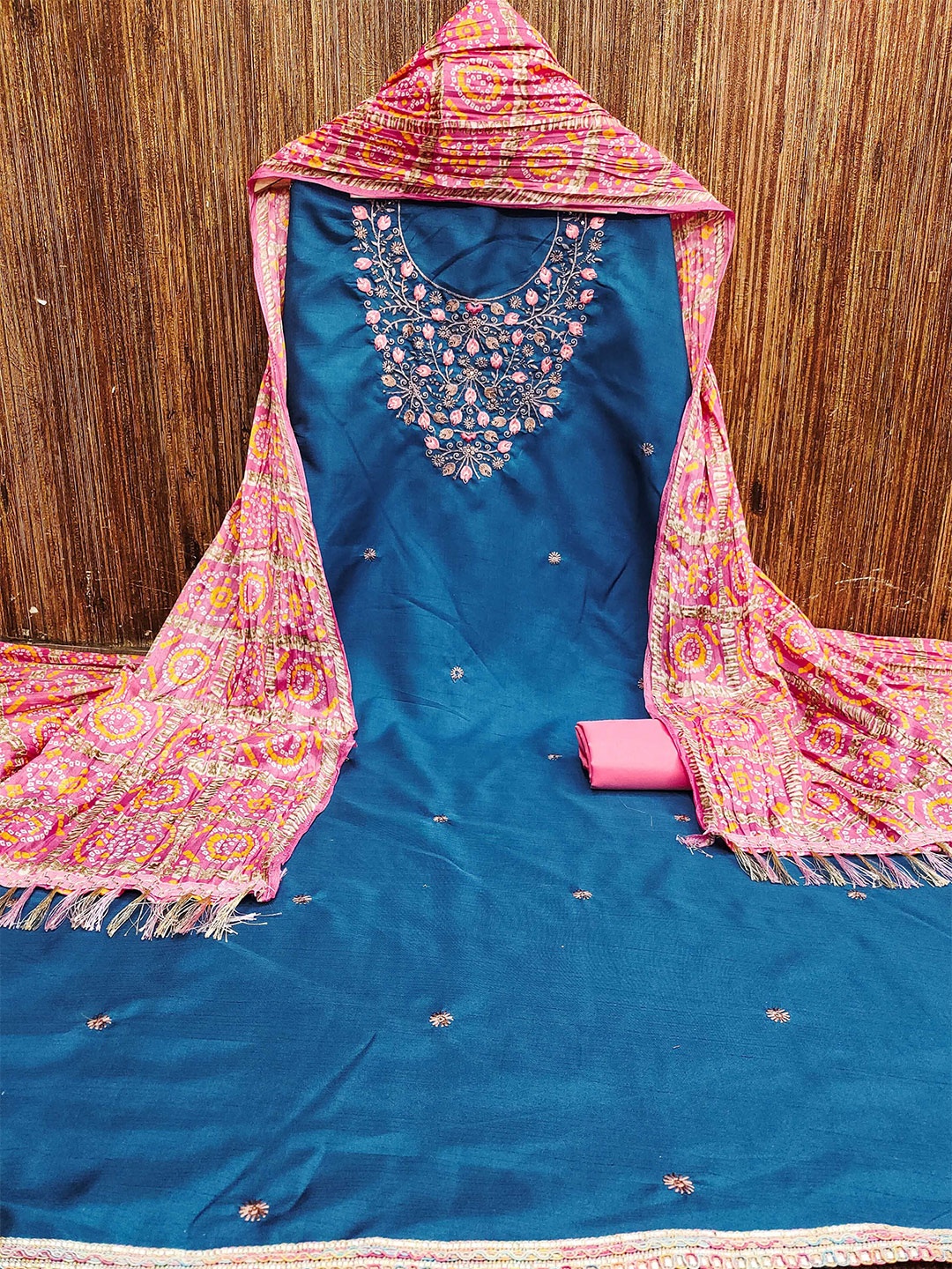 

KALINI Floral Embroidered Zari Unstitched Dress Material, Teal
