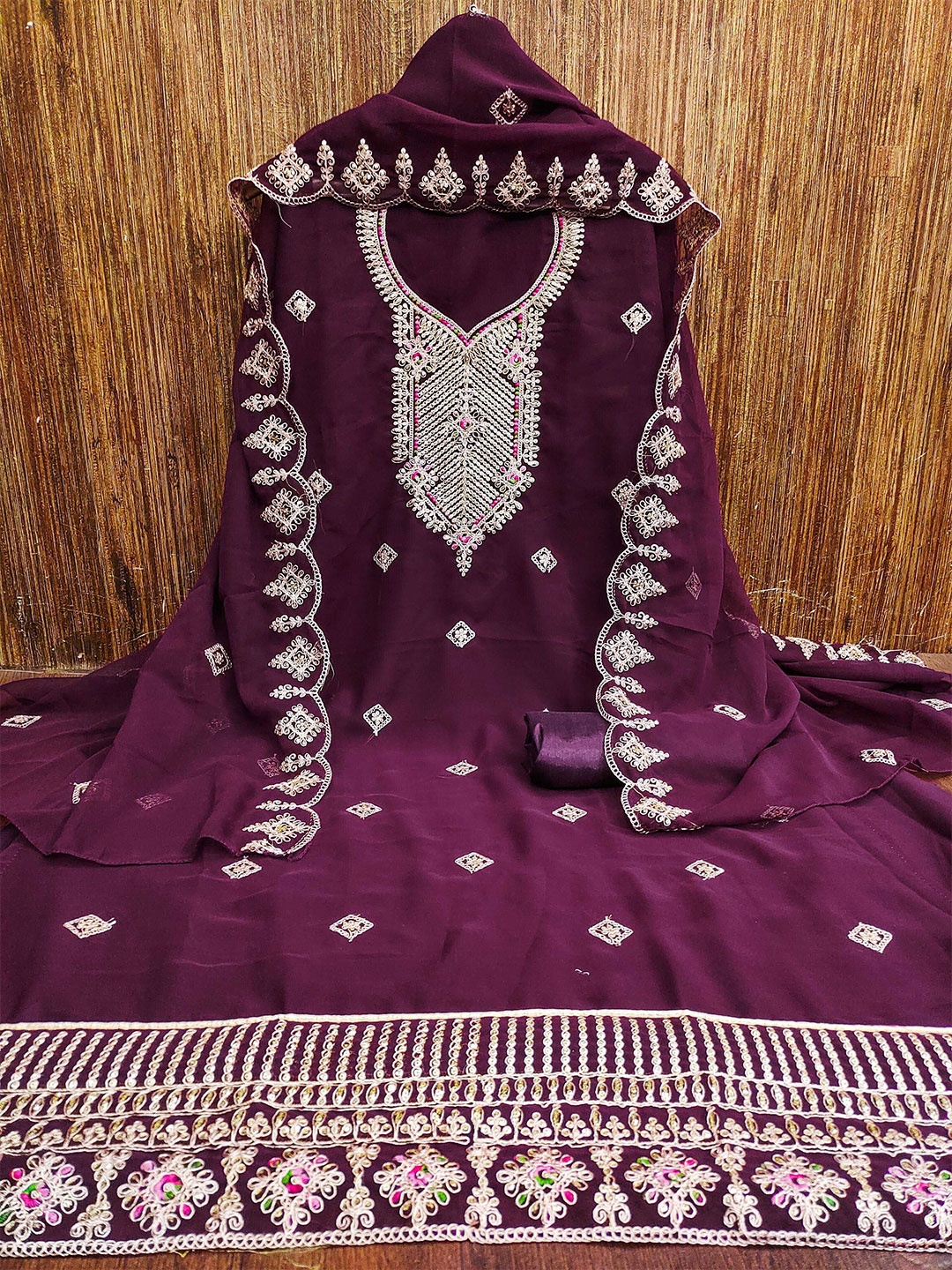 

KALINI Floral Embroidered Silk Georgette Zari Unstitched Dress Material, Purple