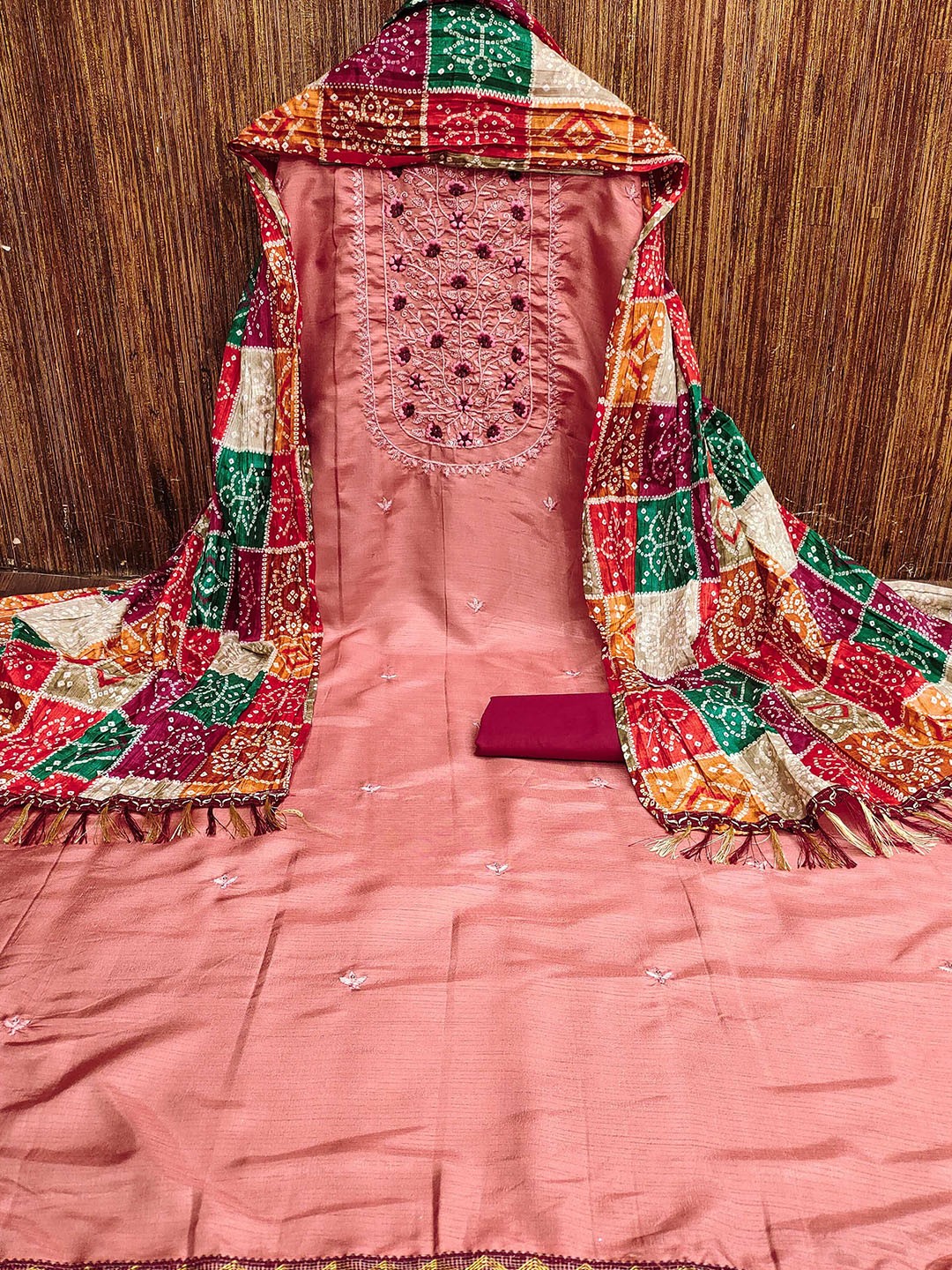 

KALINI Floral Embroidered Zari Unstitched Dress Material, Peach