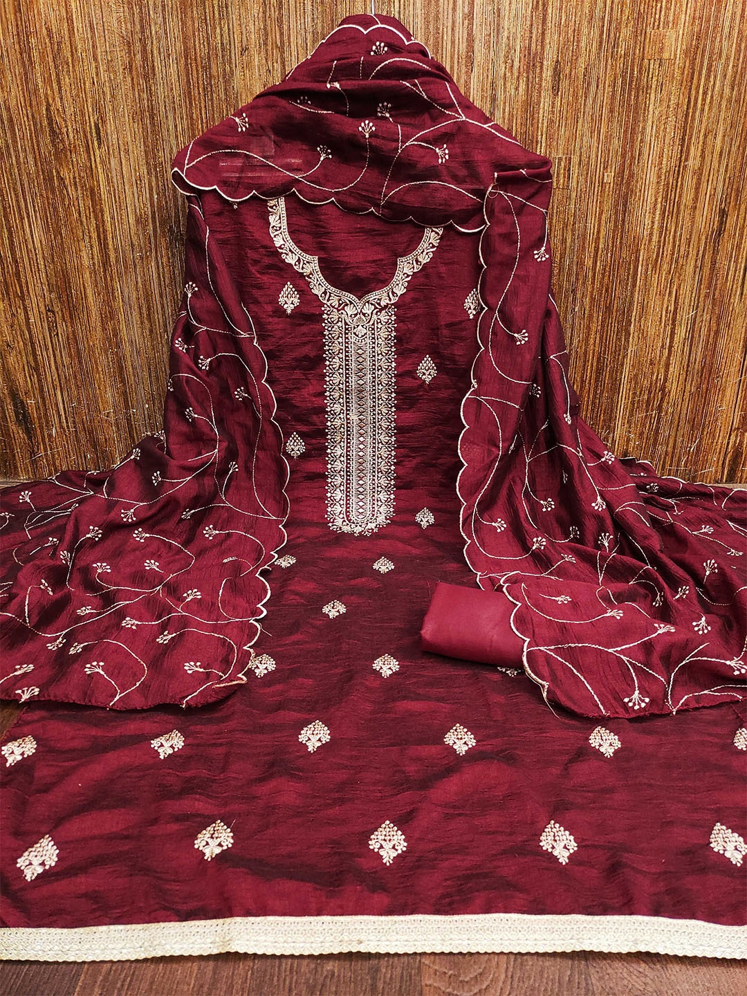 

KALINI Ethnic Motifs Embroidered Unstitched Dress Material, Red
