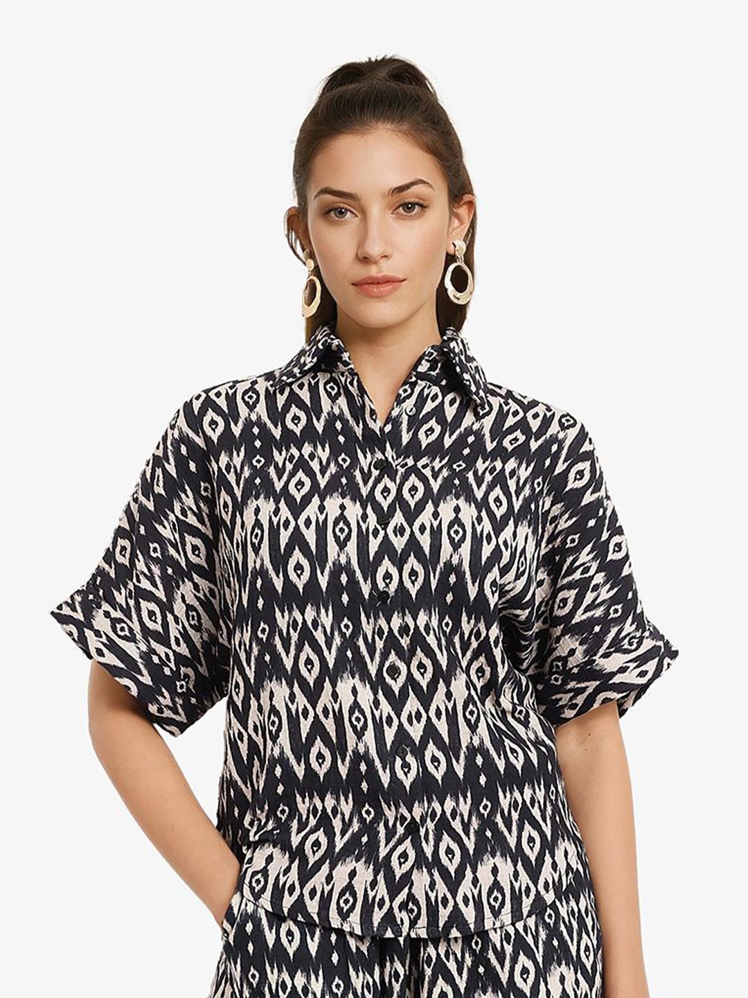 

RAREISM Women Abstract Printed Spread Collar Casual Shirt, Black