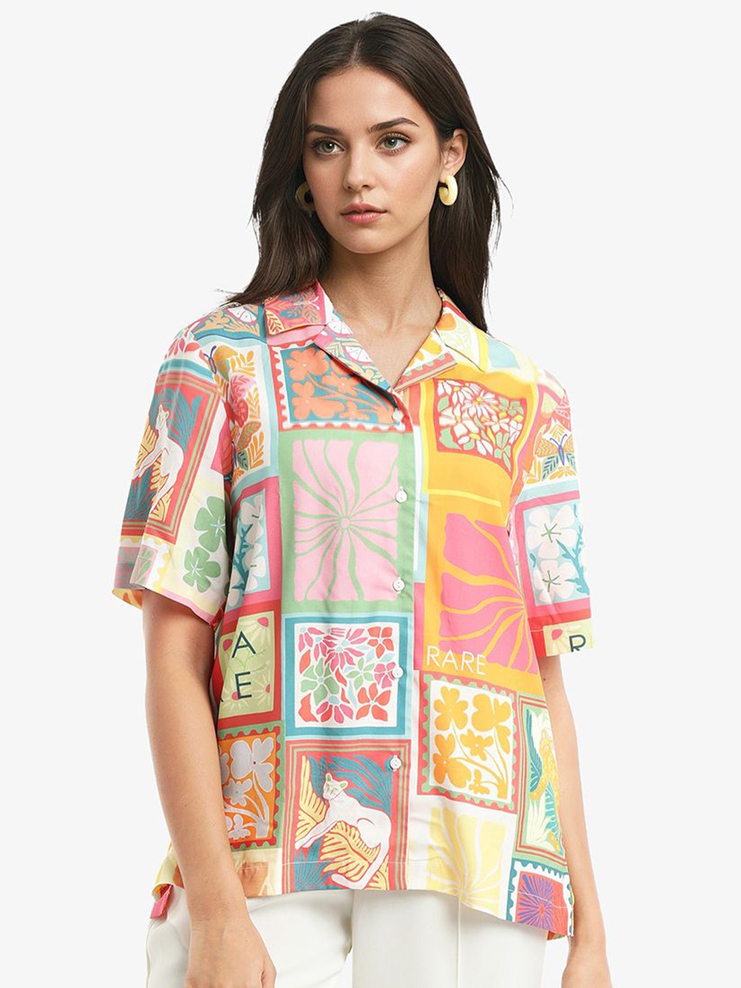 

RAREISM Women Floral Printed Shirt Collar Top, Yellow